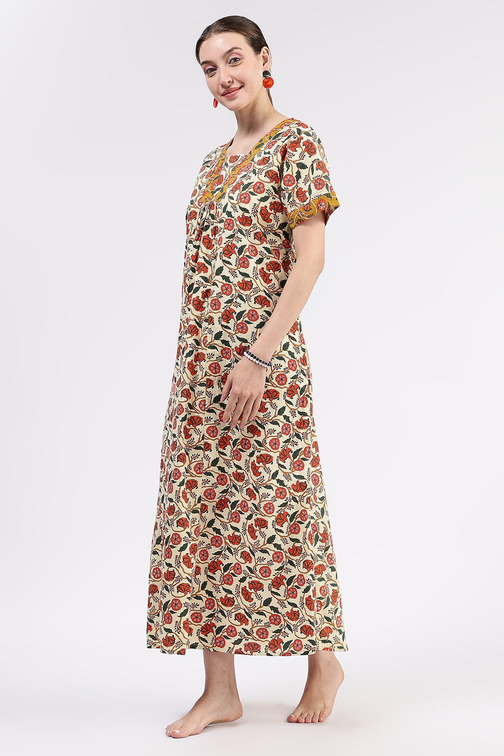 Naidu Hall Women’s Printed Cotton Full-Length Nighty with V-Neck Patchwork and Contrast Border Sleeves
- NA46