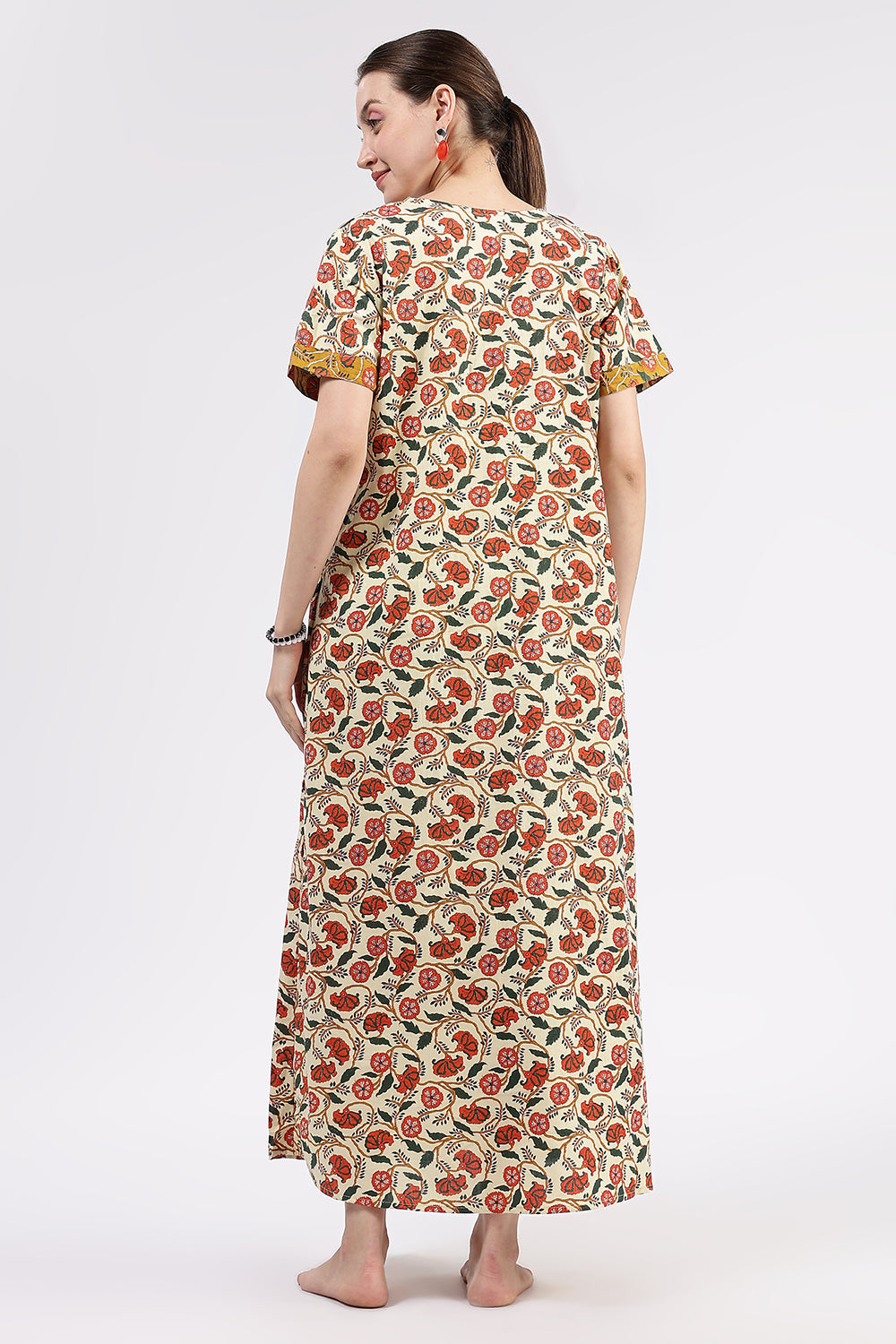 Naidu Hall Women’s Printed Cotton Full-Length Nighty with V-Neck Patchwork and Contrast Border Sleeves
- NA46