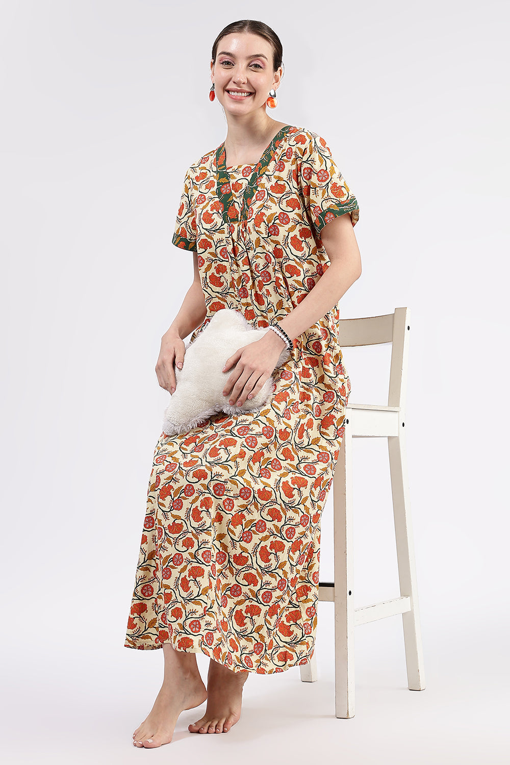 Naidu Hall Women’s Printed Cotton Full-Length Nighty with V-Neck Patchwork and Contrast Border Sleeves
- NA46