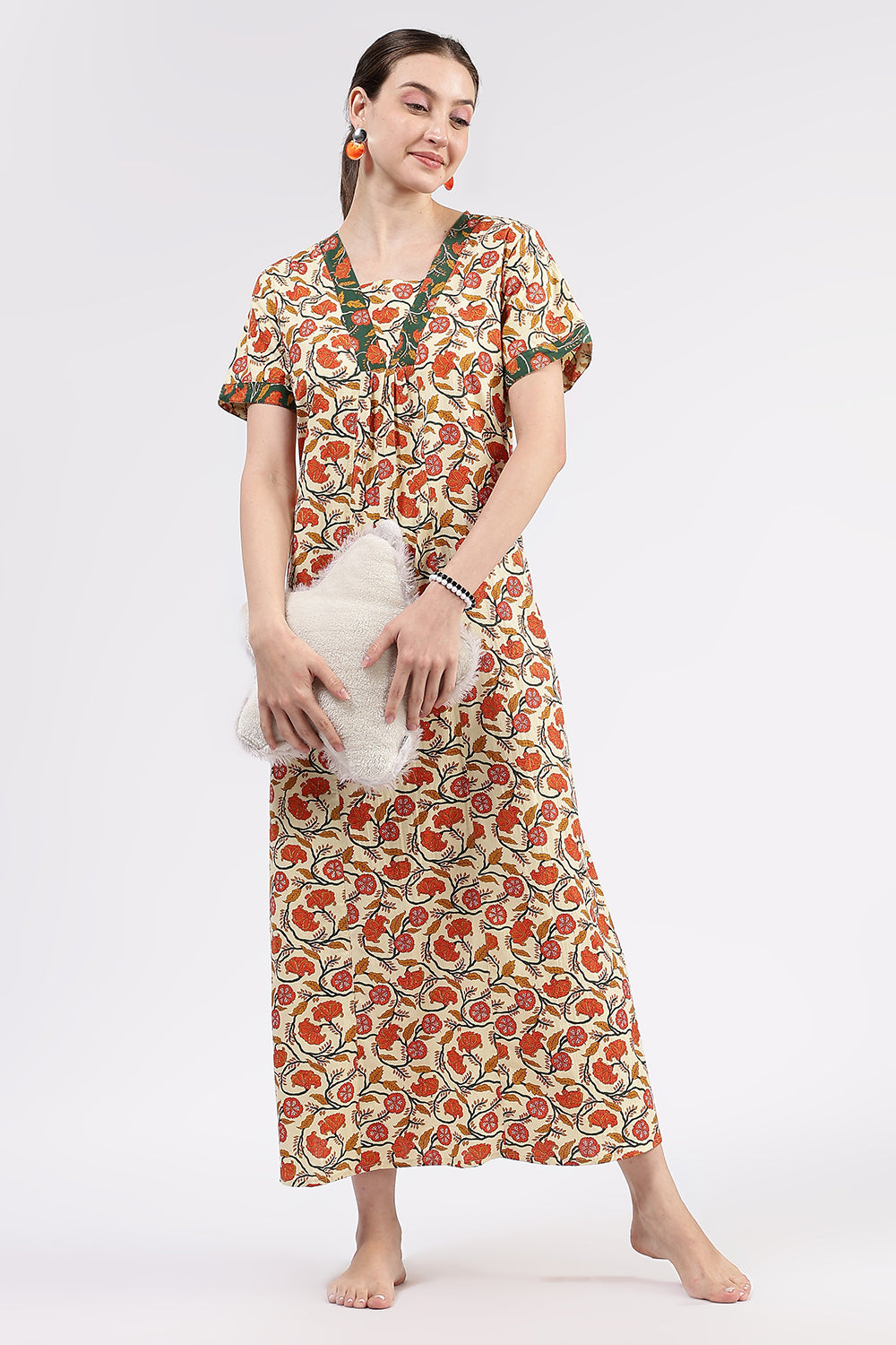 Naidu Hall Women’s Printed Cotton Full-Length Nighty with V-Neck Patchwork and Contrast Border Sleeves
- NA46