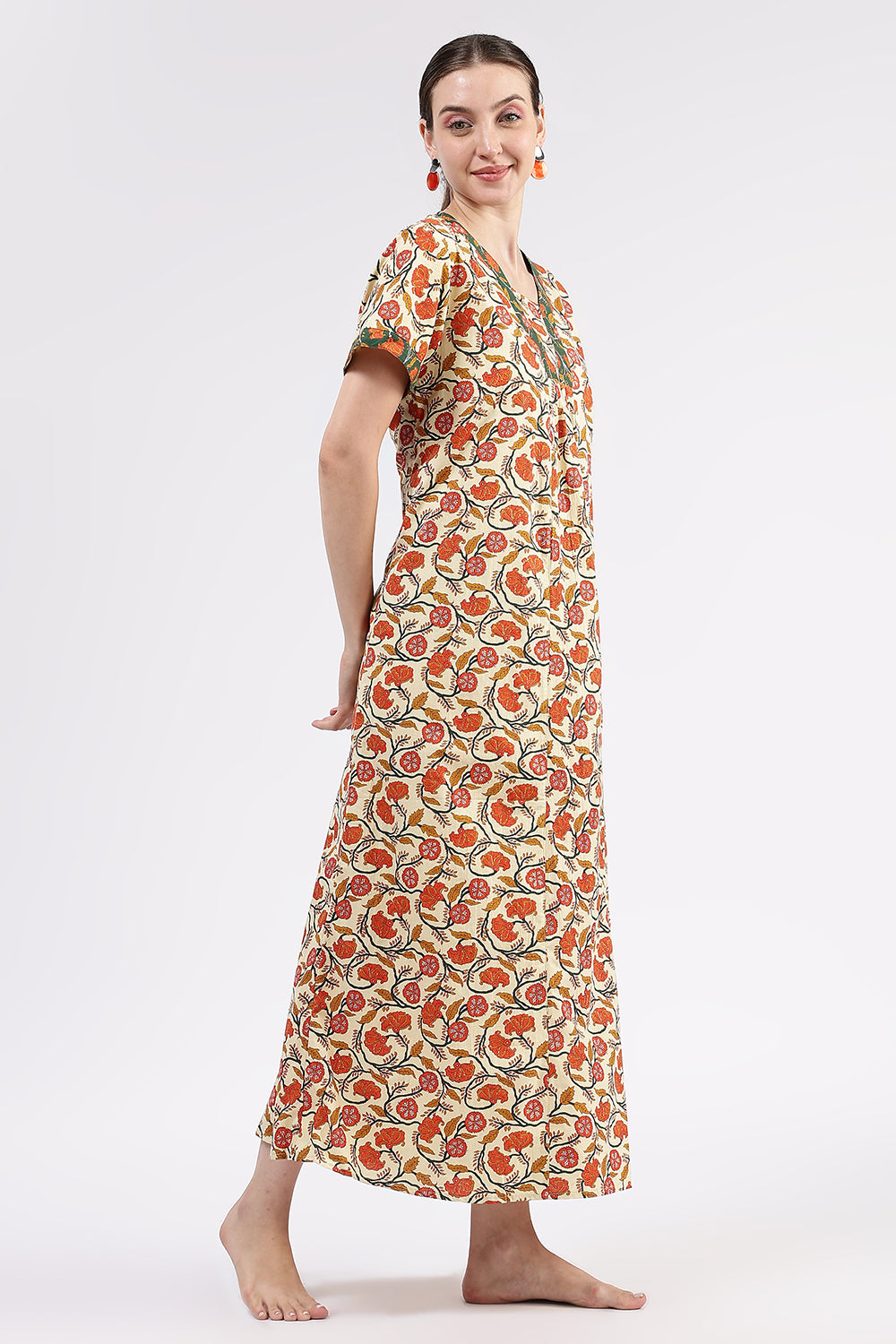 Naidu Hall Women’s Printed Cotton Full-Length Nighty with V-Neck Patchwork and Contrast Border Sleeves
- NA46