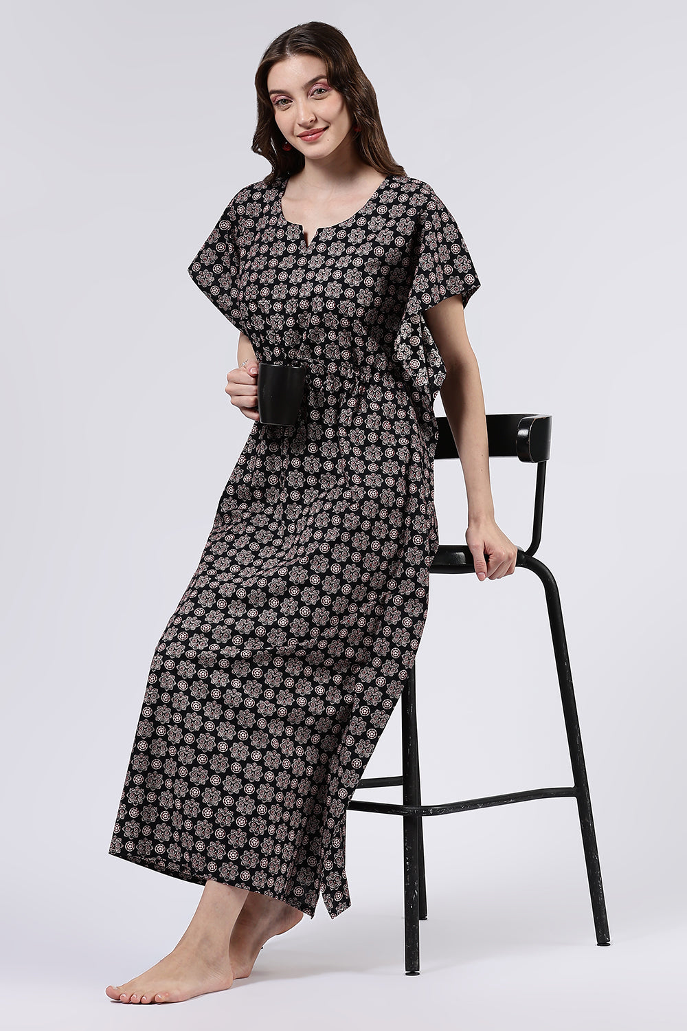 Naidu Hall Women’s Printed Cotton Full Length Nighty with Scoop Neckline and Contrast Piping Detail
- Black - NA56