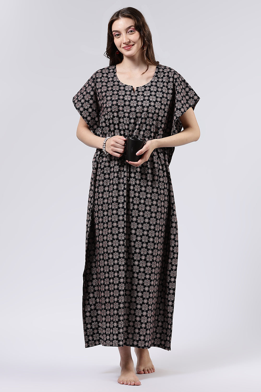 Naidu Hall Women’s Printed Cotton Full-Length Nighty with Scoop Neckline, Elbow Sleeves & Contrast Piping
- NA56