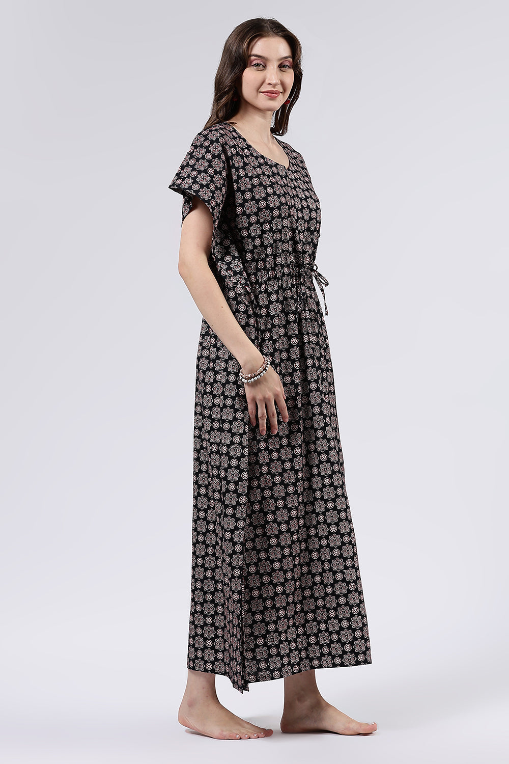 Naidu Hall Women’s Printed Cotton Full-Length Nighty with Scoop Neckline, Elbow Sleeves & Contrast Piping
- NA56