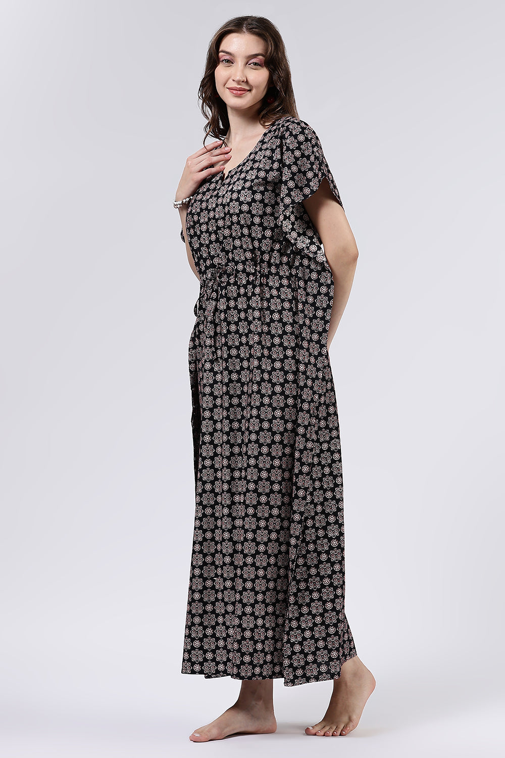 Naidu Hall Women’s Printed Cotton Full-Length Nighty with Scoop Neckline, Elbow Sleeves & Contrast Piping
- NA56