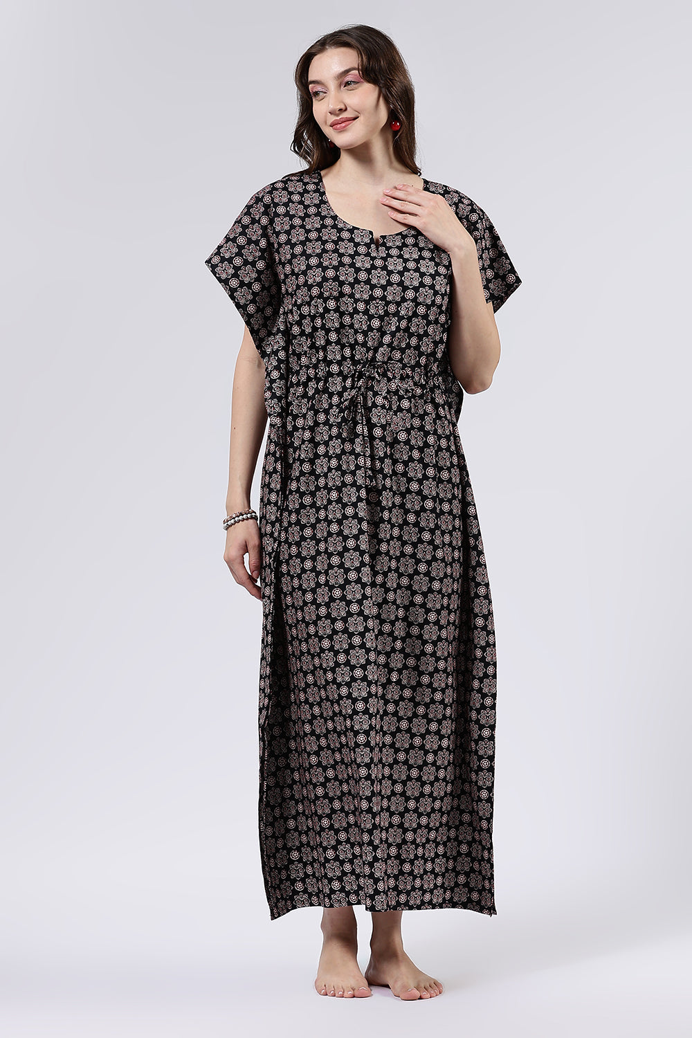 Naidu Hall Women’s Printed Cotton Full Length Nighty with Scoop Neckline and Contrast Piping Detail
- Black - NA56