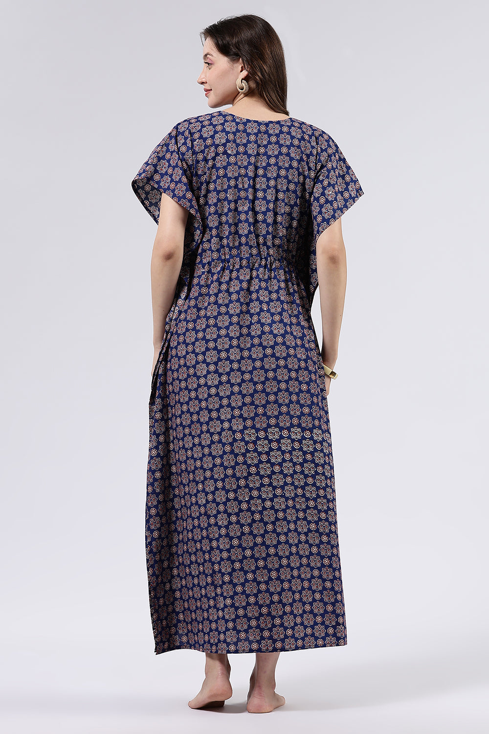 Naidu Hall Women’s Printed Cotton Full-Length Nighty with Scoop Neckline, Elbow Sleeves & Contrast Piping
- NA56