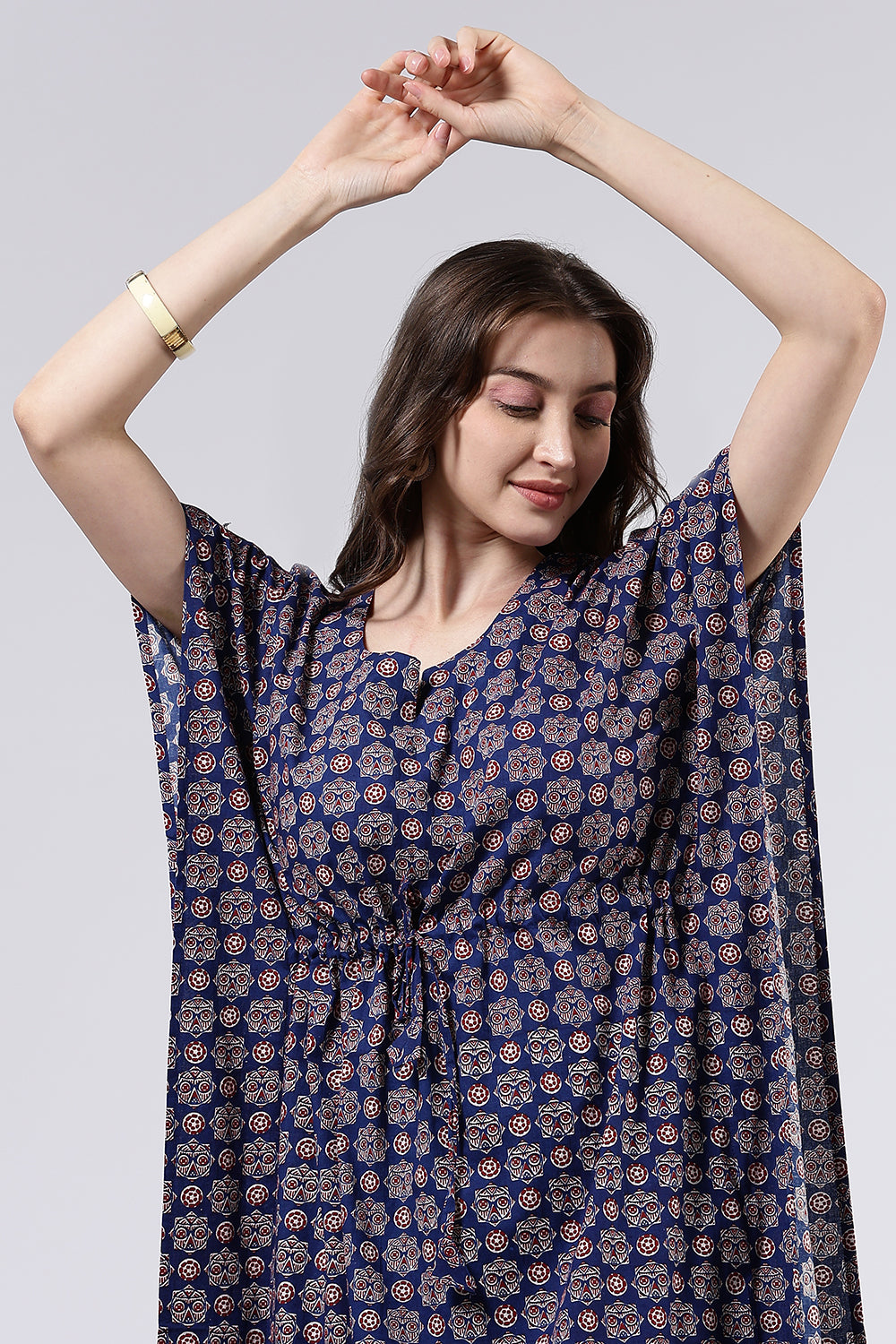 Naidu Hall Women’s Printed Cotton Full-Length Nighty with Scoop Neckline, Elbow Sleeves & Contrast Piping
- NA56