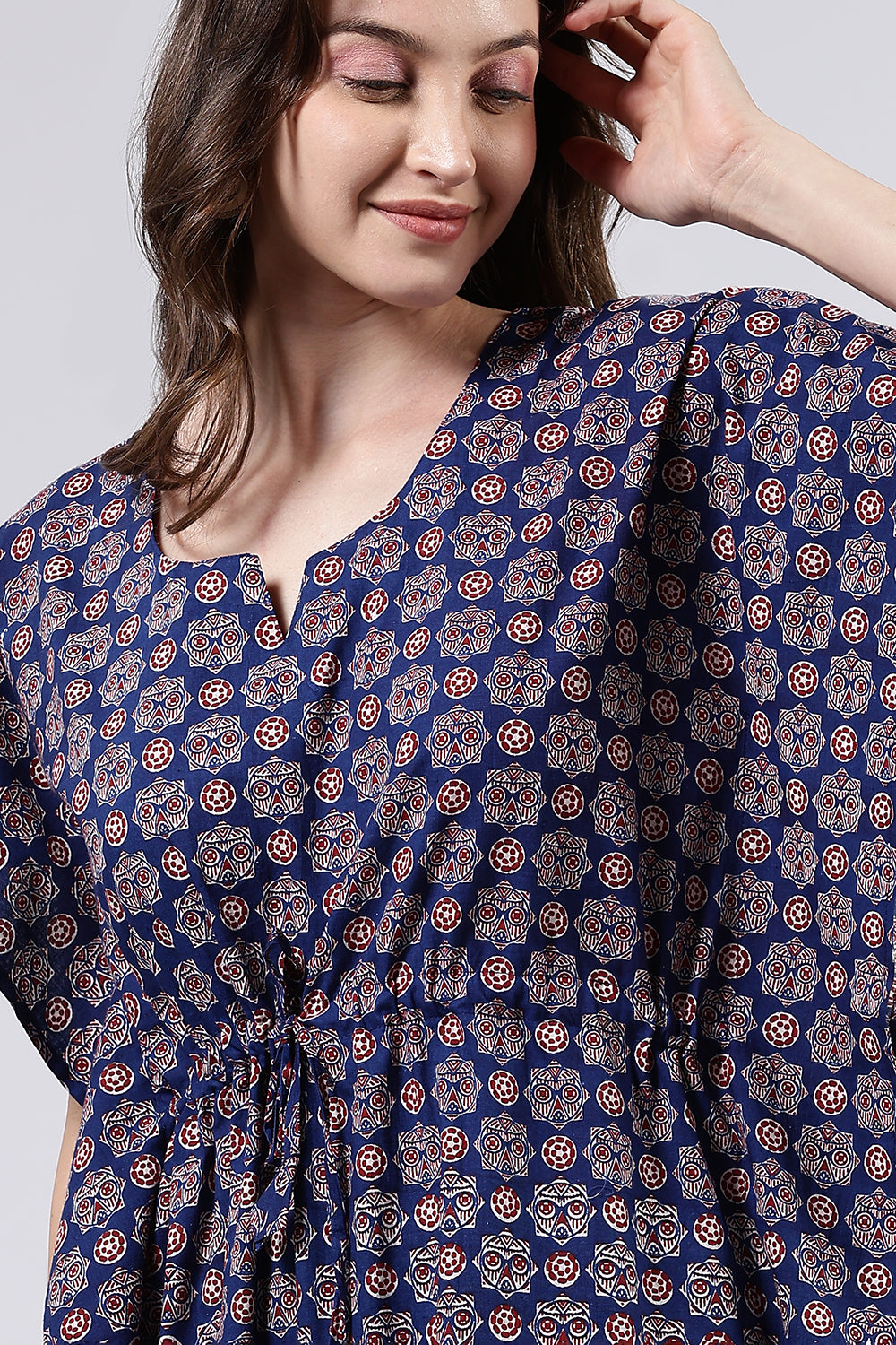 Naidu Hall Women’s Printed Cotton Full Length Nighty with Scoop Neckline and Contrast Piping Detail
- Blue - NA56