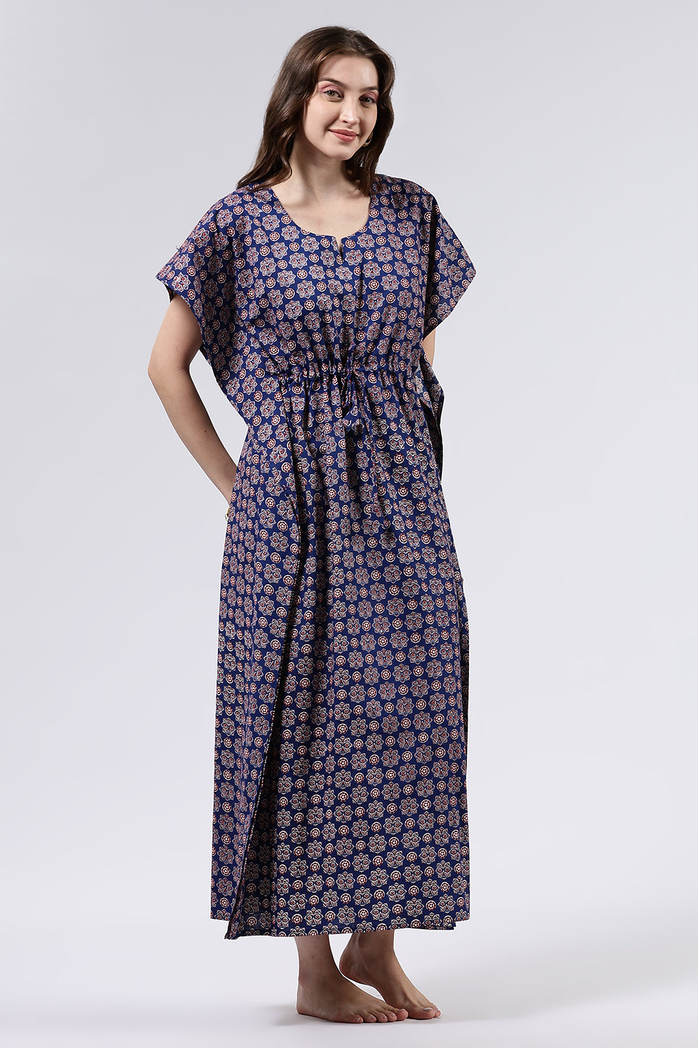 Naidu Hall Women’s Printed Cotton Full Length Nighty with Scoop Neckline and Contrast Piping Detail
- Blue - NA56