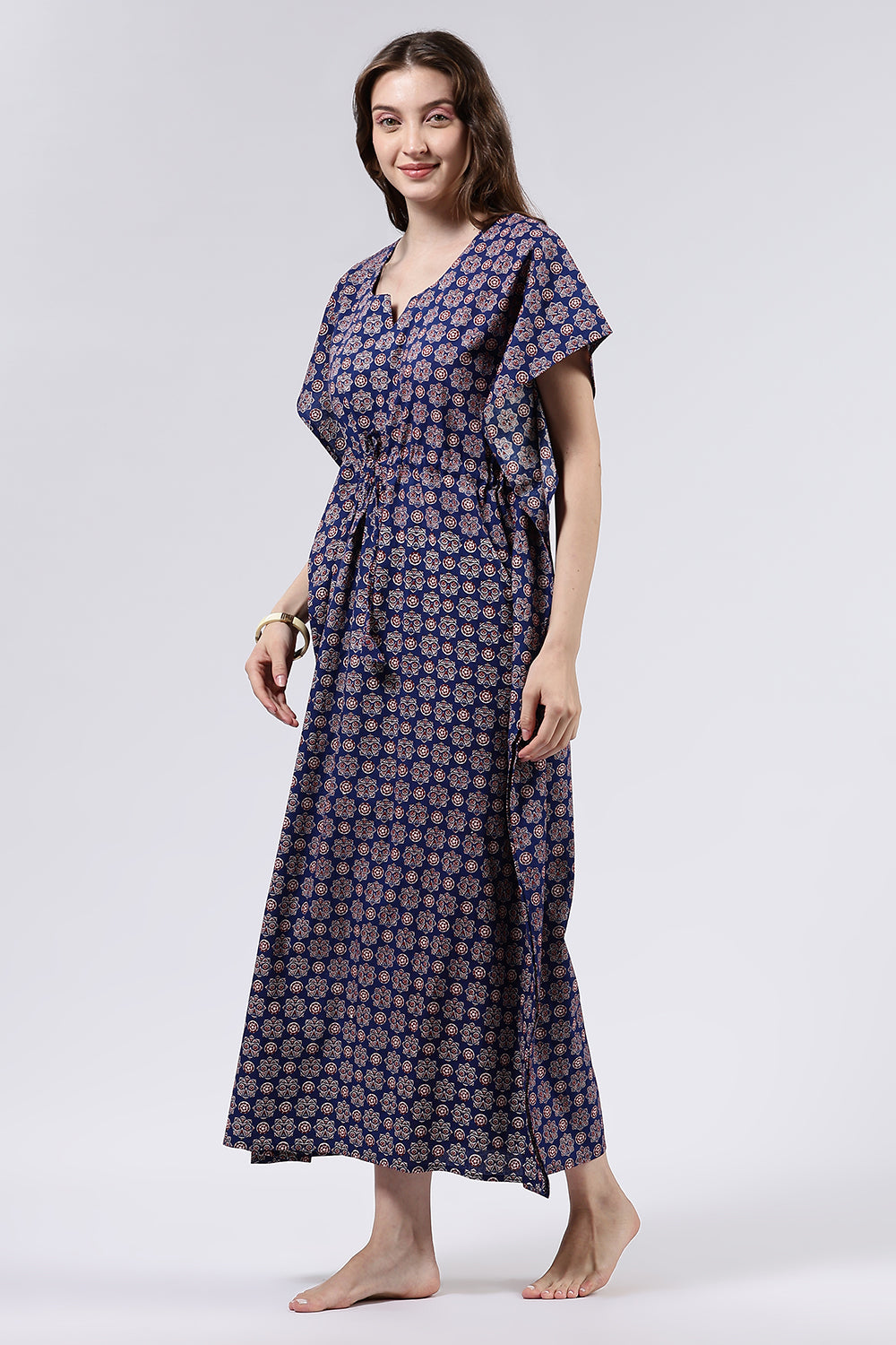 Naidu Hall Women’s Printed Cotton Full-Length Nighty with Scoop Neckline, Elbow Sleeves & Contrast Piping
- NA56