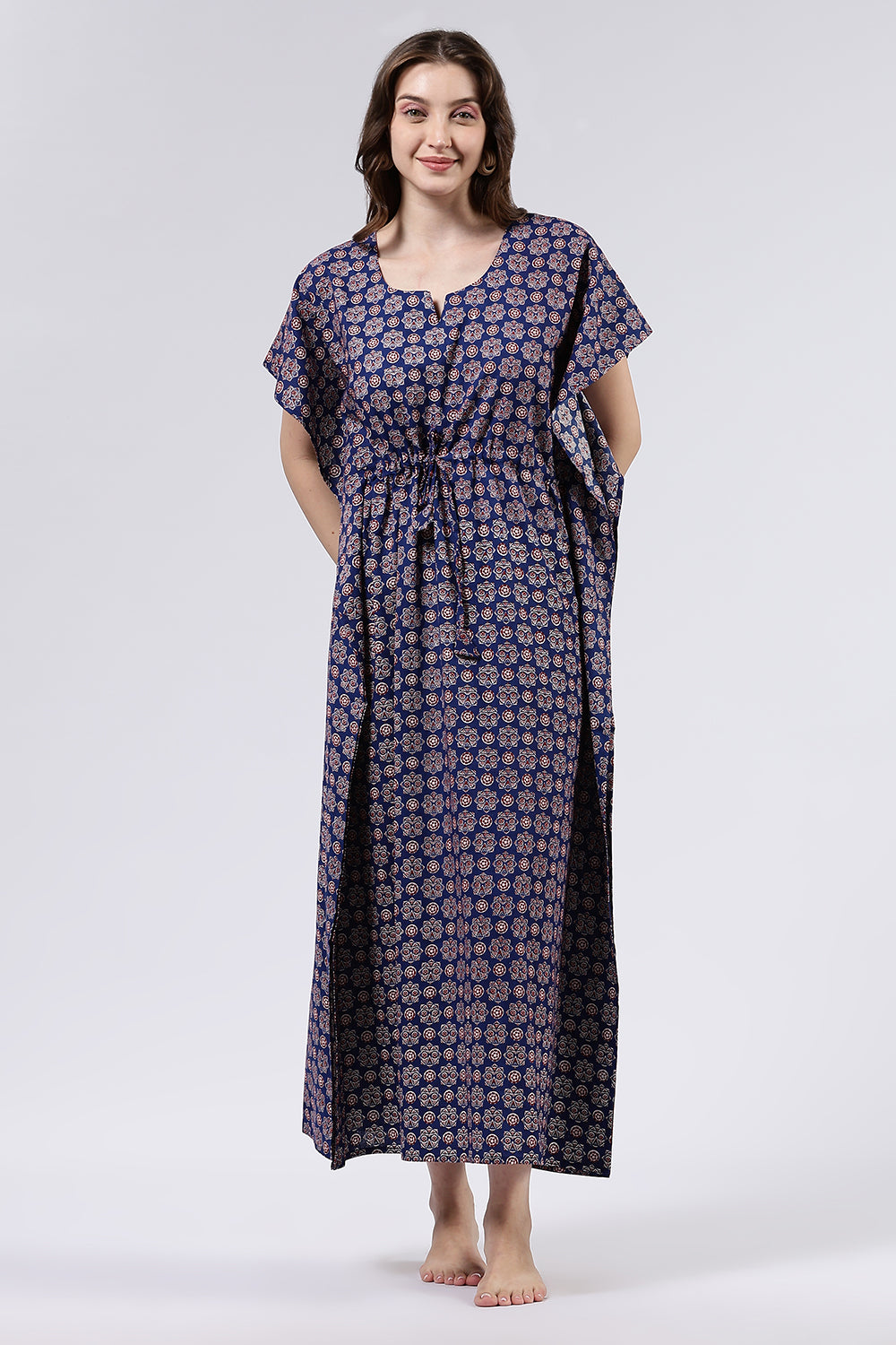 Naidu Hall Women’s Printed Cotton Full-Length Nighty with Scoop Neckline, Elbow Sleeves & Contrast Piping
- NA56