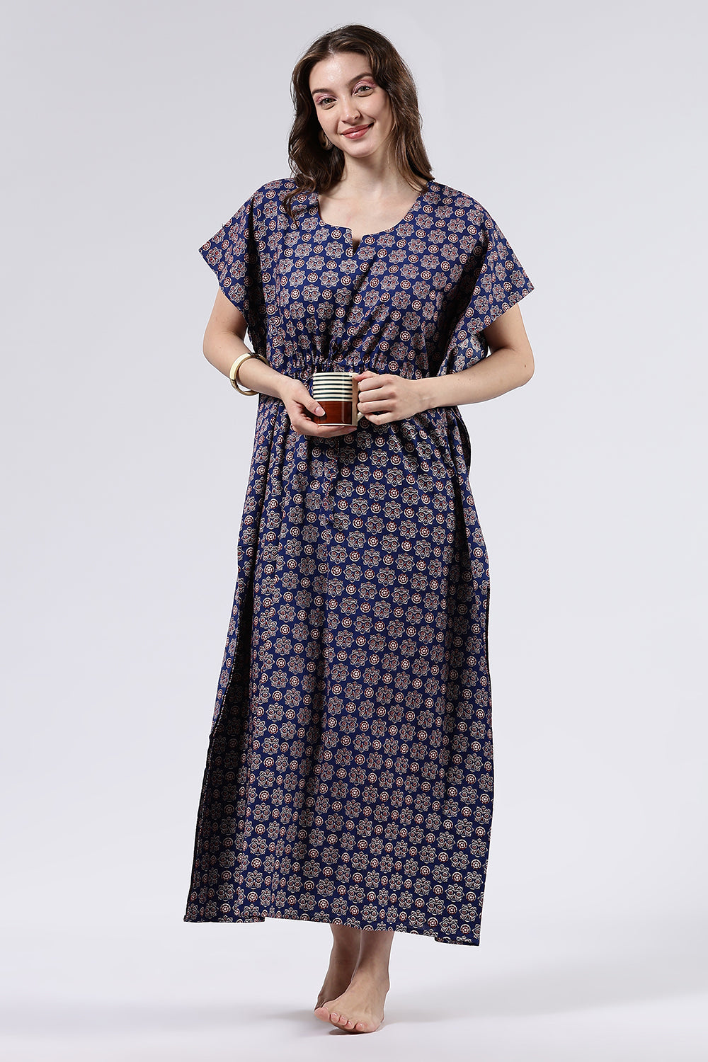 Naidu Hall Women’s Printed Cotton Full Length Nighty with Scoop Neckline and Contrast Piping Detail
- Blue - NA56