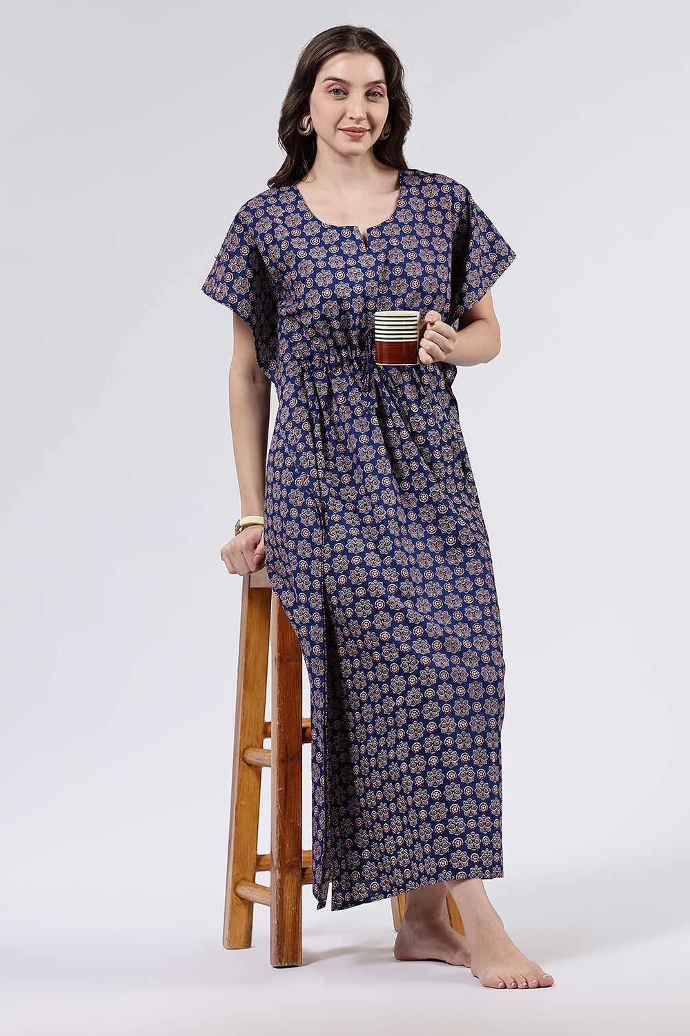 Naidu Hall Women’s Printed Cotton Full-Length Nighty with Scoop Neckline, Elbow Sleeves & Contrast Piping
- NA56