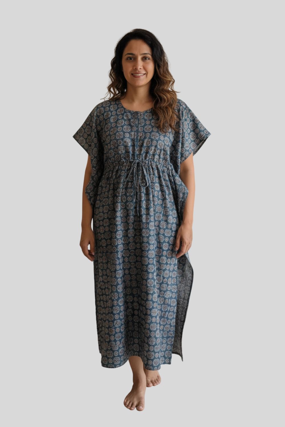 Naidu Hall Women’s Printed Cotton Full-Length Nighty with Scoop Neckline, Elbow Sleeves & Contrast Piping
- NA56
