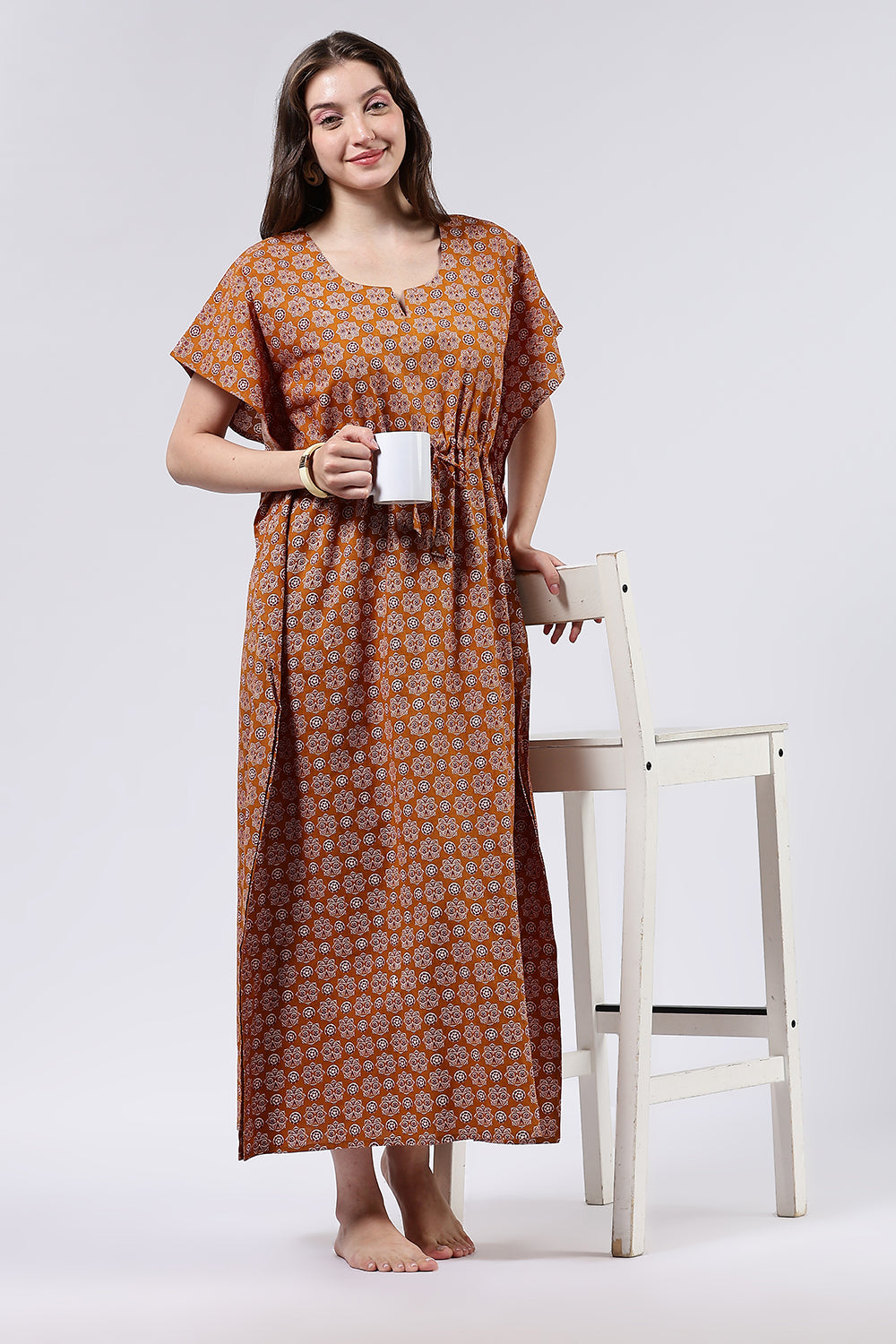 Naidu Hall Women’s Printed Cotton Full-Length Nighty with Scoop Neckline, Elbow Sleeves & Contrast Piping
- NA56