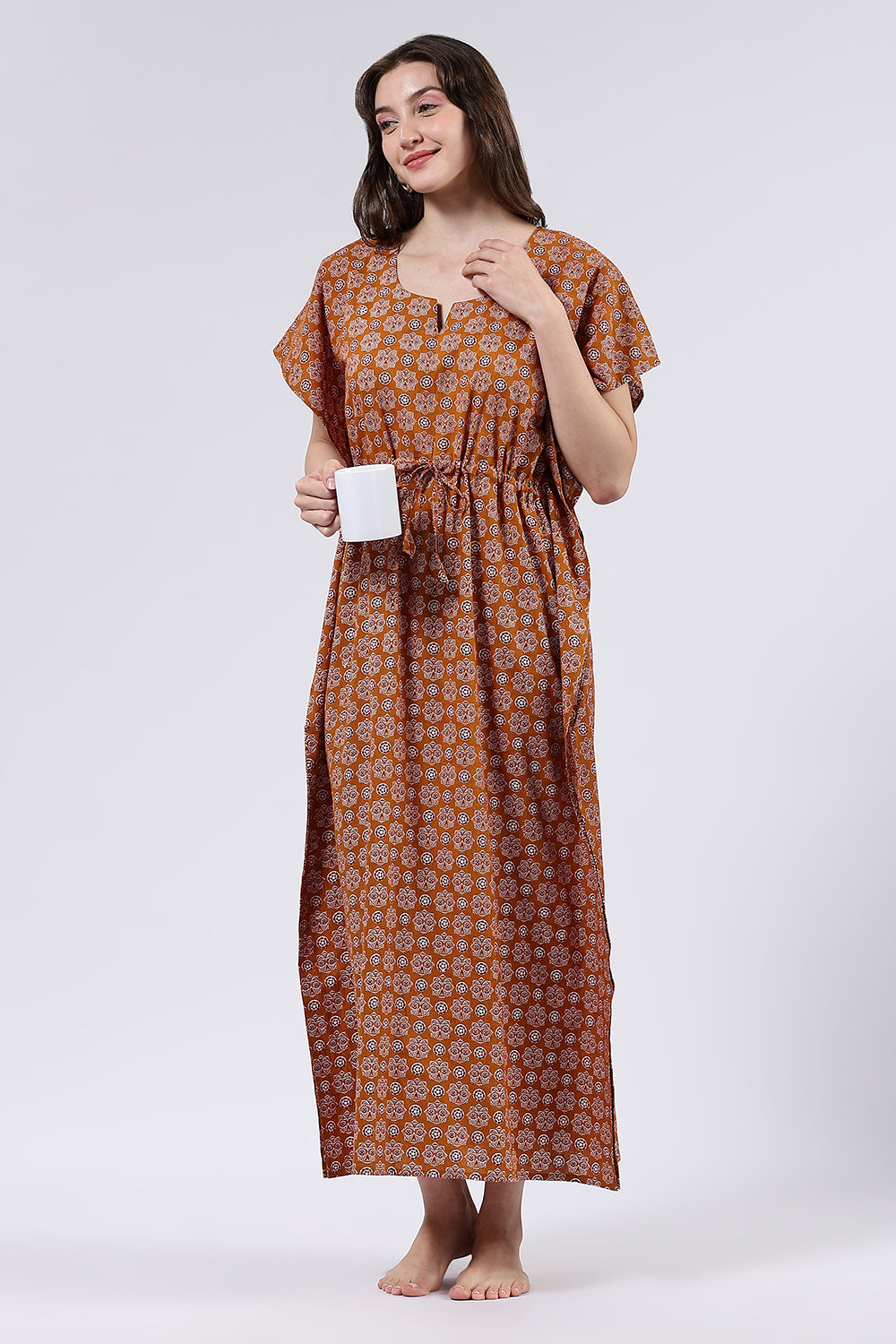 Naidu Hall Women’s Printed Cotton Full-Length Nighty with Scoop Neckline, Elbow Sleeves & Contrast Piping
- NA56