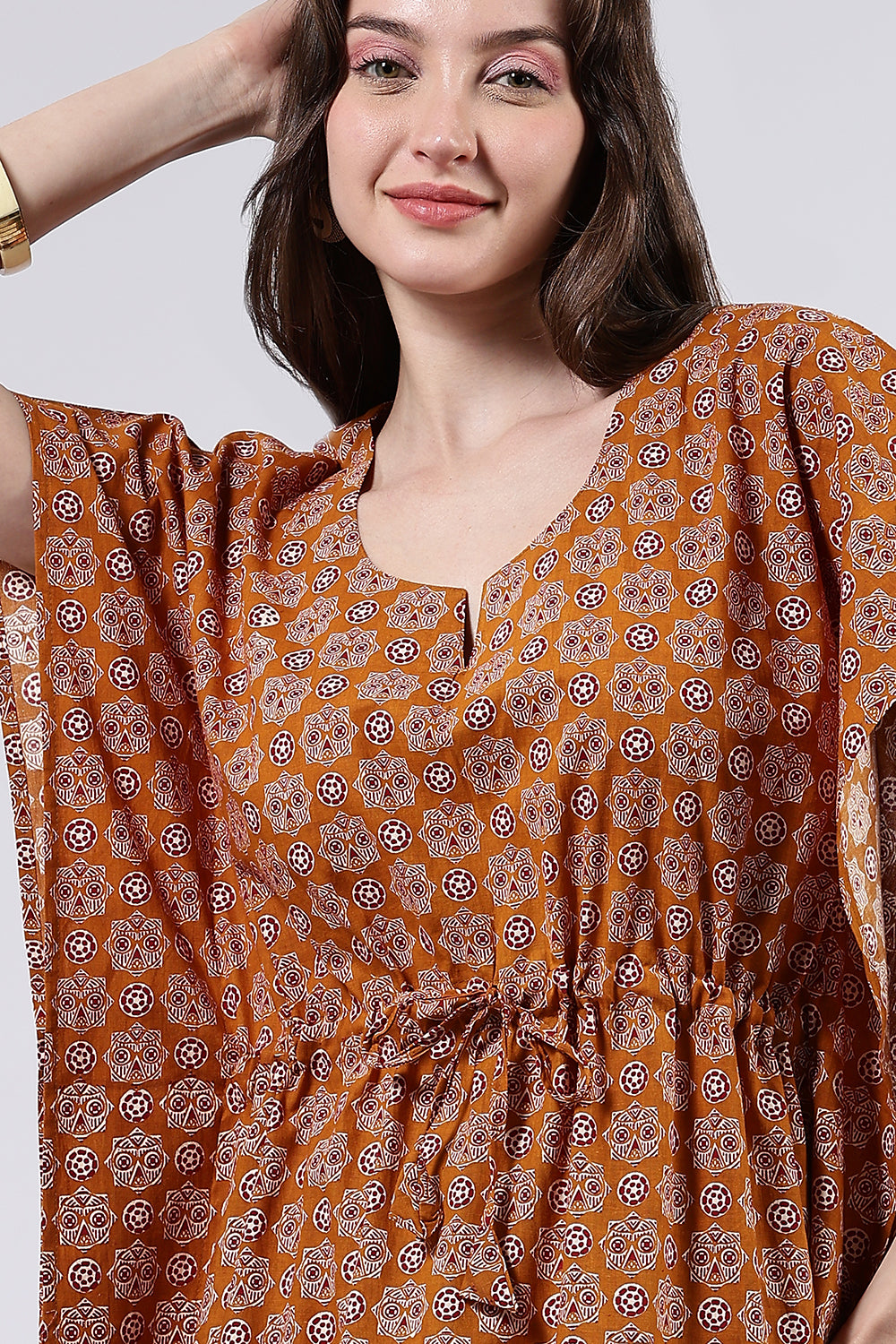 Naidu Hall Women’s Printed Cotton Full-Length Nighty with Scoop Neckline, Elbow Sleeves & Contrast Piping
- NA56