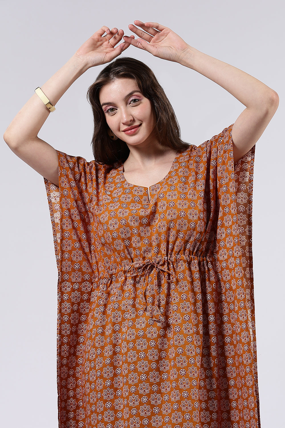 Naidu Hall Women’s Printed Cotton Full Length Nighty with Scoop Neckline and Contrast Piping Detail
- Mustard - NA56