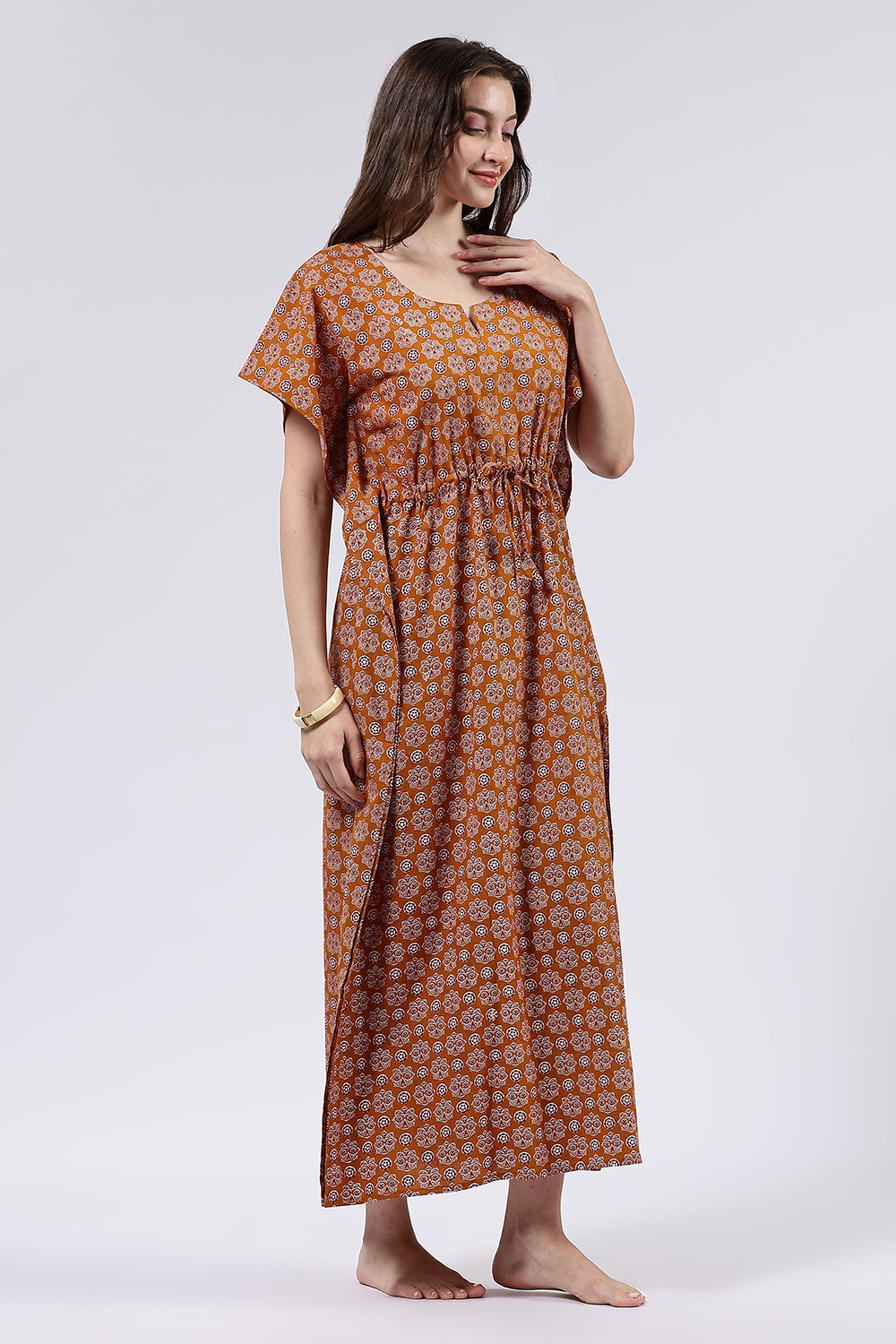 Naidu Hall Women’s Printed Cotton Full-Length Nighty with Scoop Neckline, Elbow Sleeves & Contrast Piping
- NA56