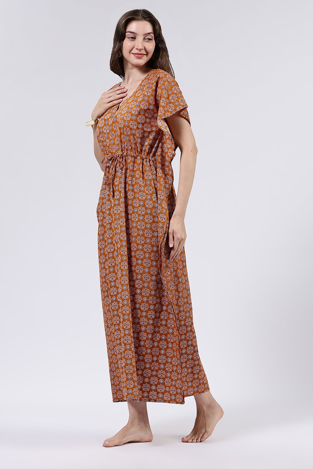 Naidu Hall Women’s Printed Cotton Full Length Nighty with Scoop Neckline and Contrast Piping Detail
- Mustard - NA56