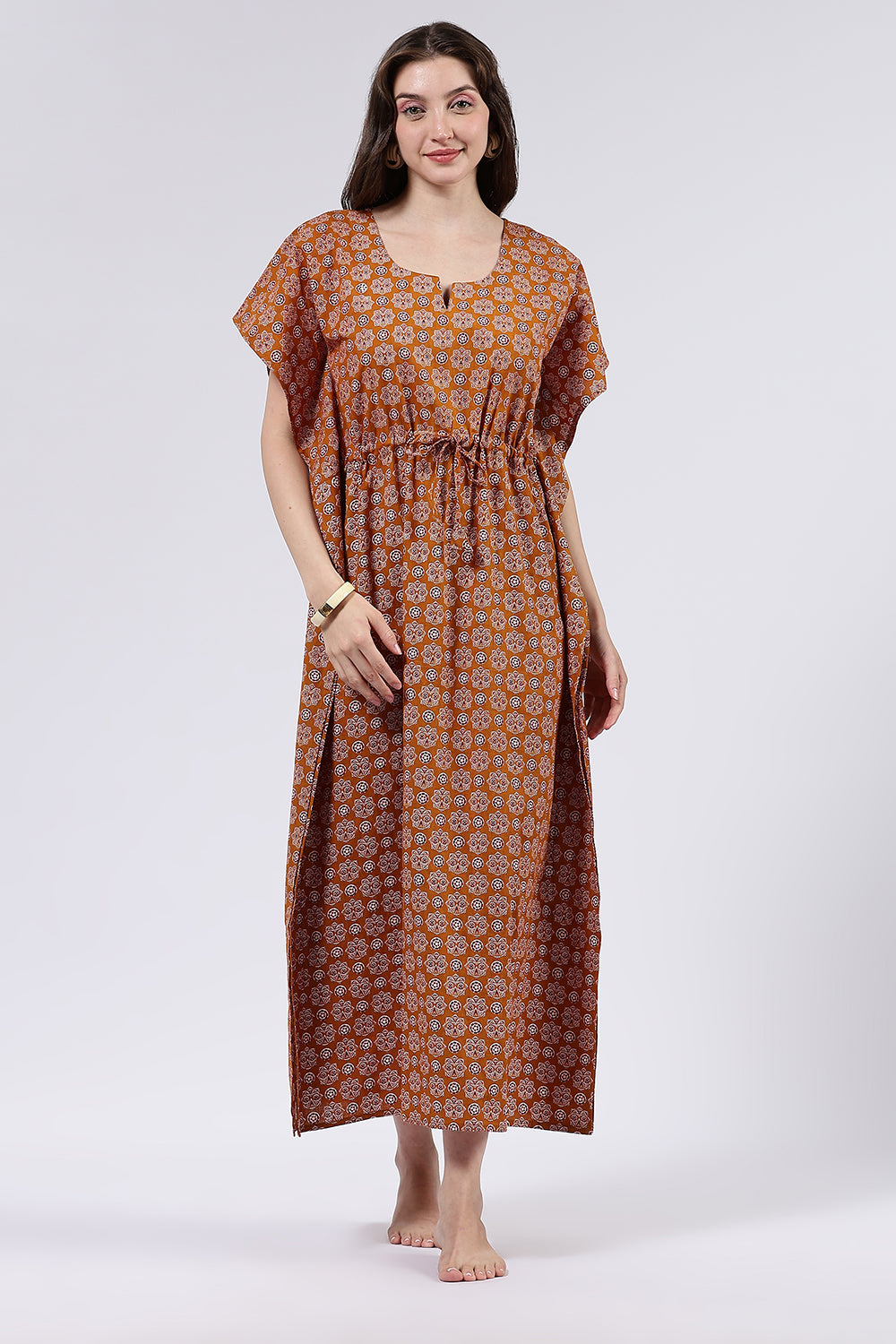 Naidu Hall Women’s Printed Cotton Full Length Nighty with Scoop Neckline and Contrast Piping Detail
- Mustard - NA56