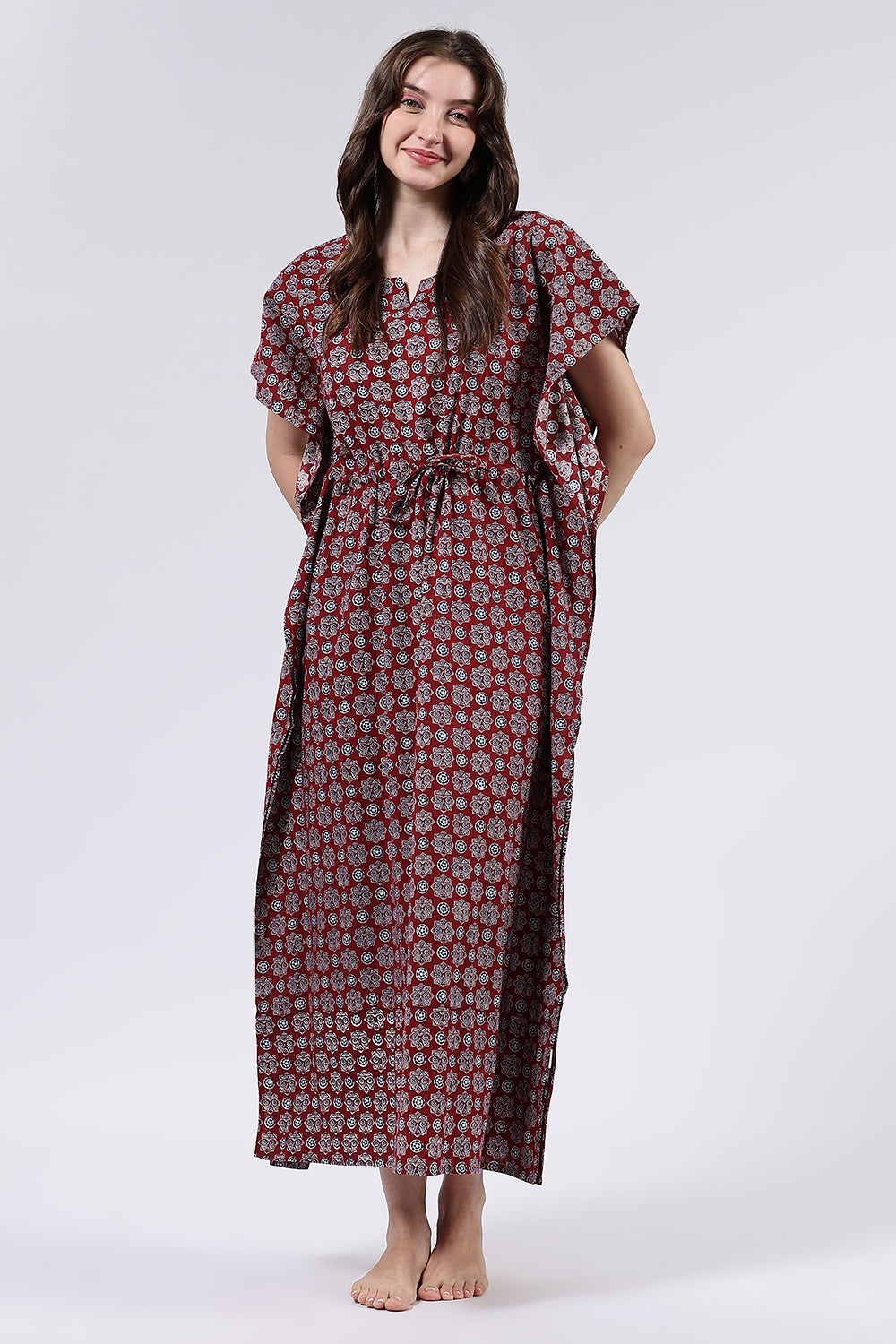 Naidu Hall Women’s Printed Cotton Full Length Nighty with Scoop Neckline and Contrast Piping Detail
- Red - NA56