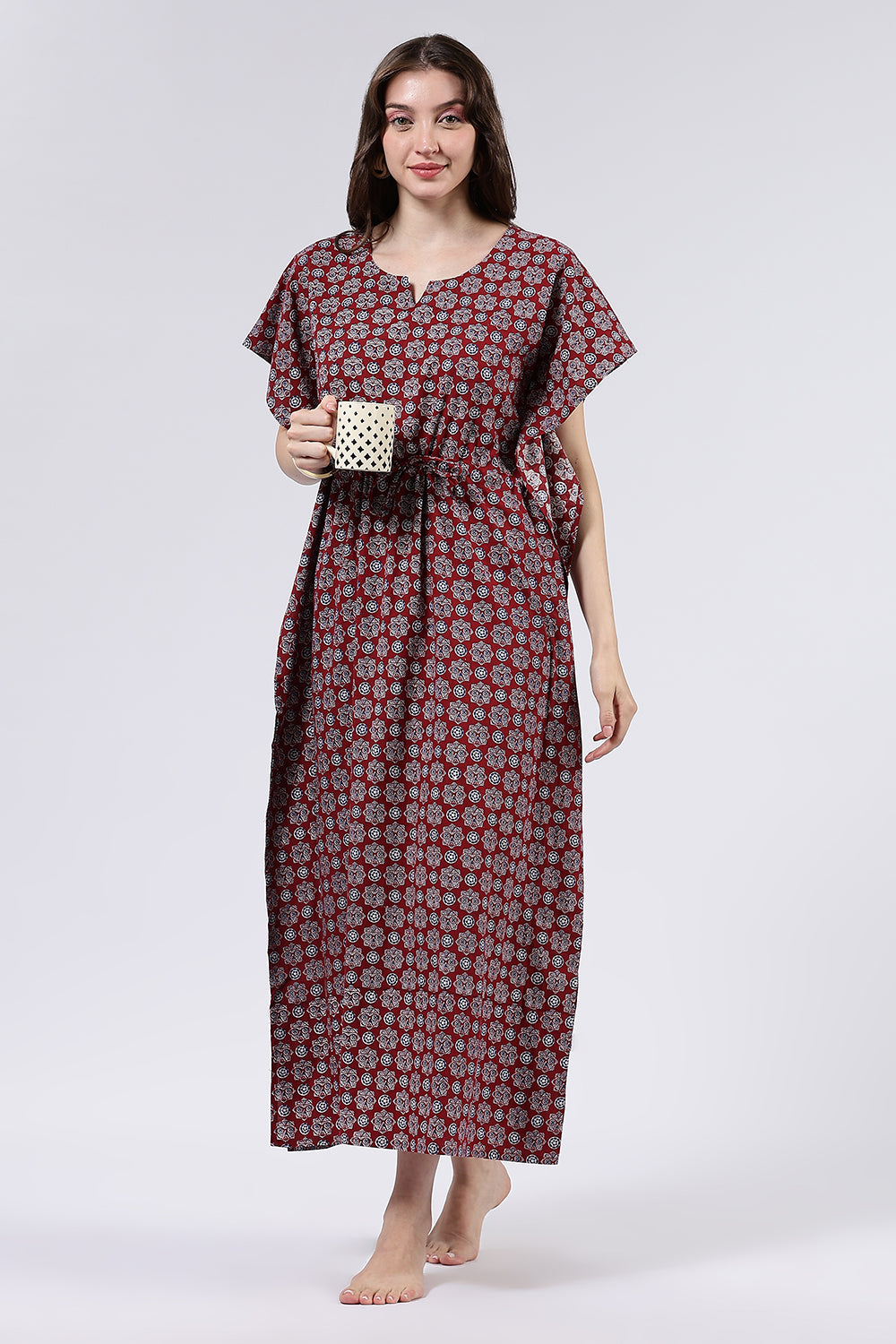 Naidu Hall Women’s Printed Cotton Full Length Nighty with Scoop Neckline and Contrast Piping Detail
- Red - NA56