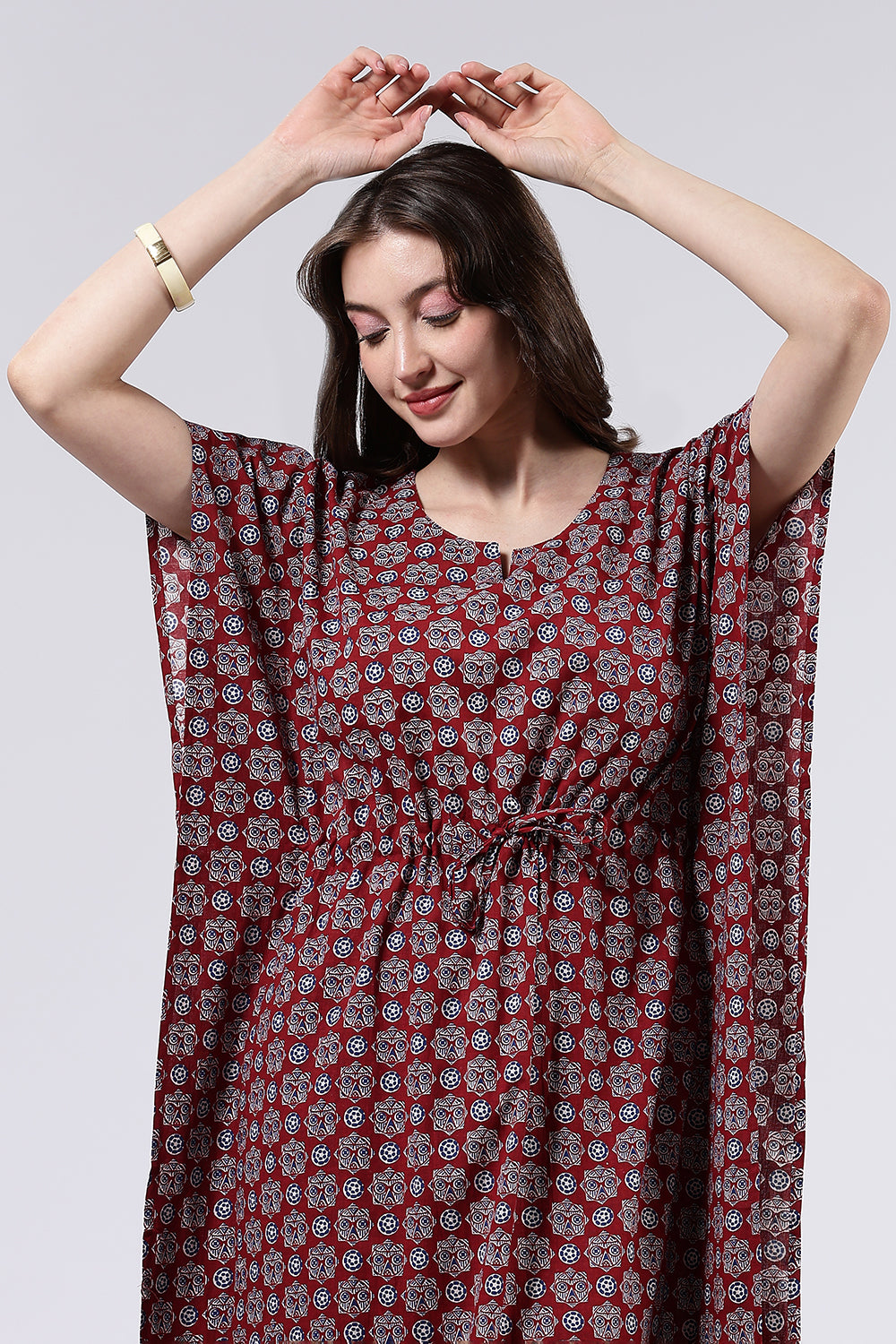 Naidu Hall Women’s Printed Cotton Full Length Nighty with Scoop Neckline and Contrast Piping Detail
- Red - NA56