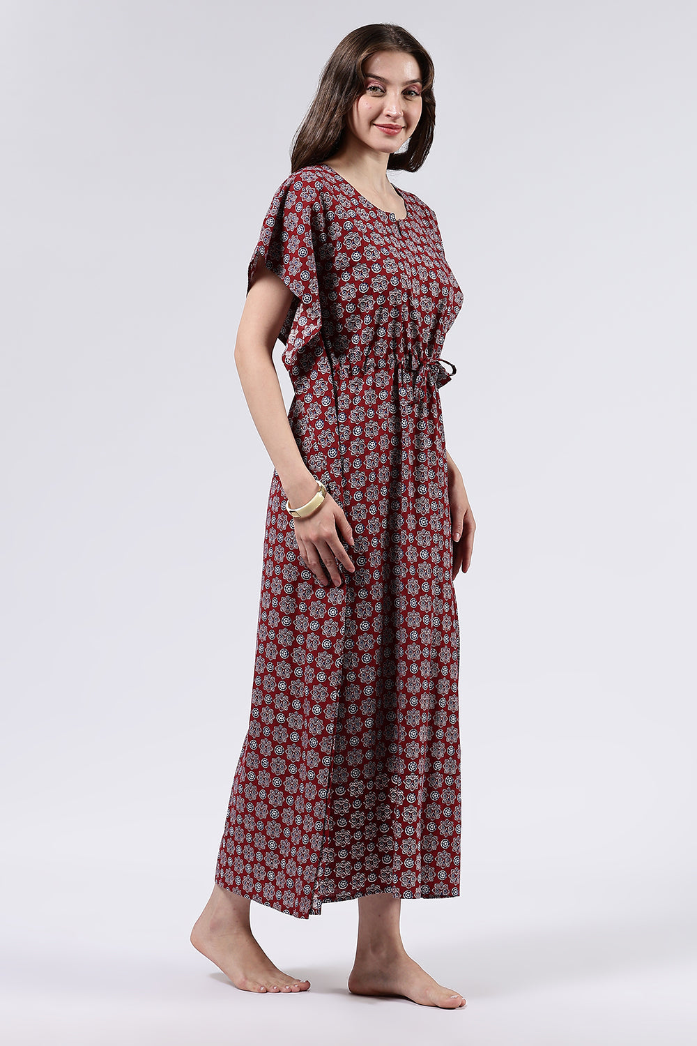 Naidu Hall Women’s Printed Cotton Full Length Nighty with Scoop Neckline and Contrast Piping Detail
- Red - NA56