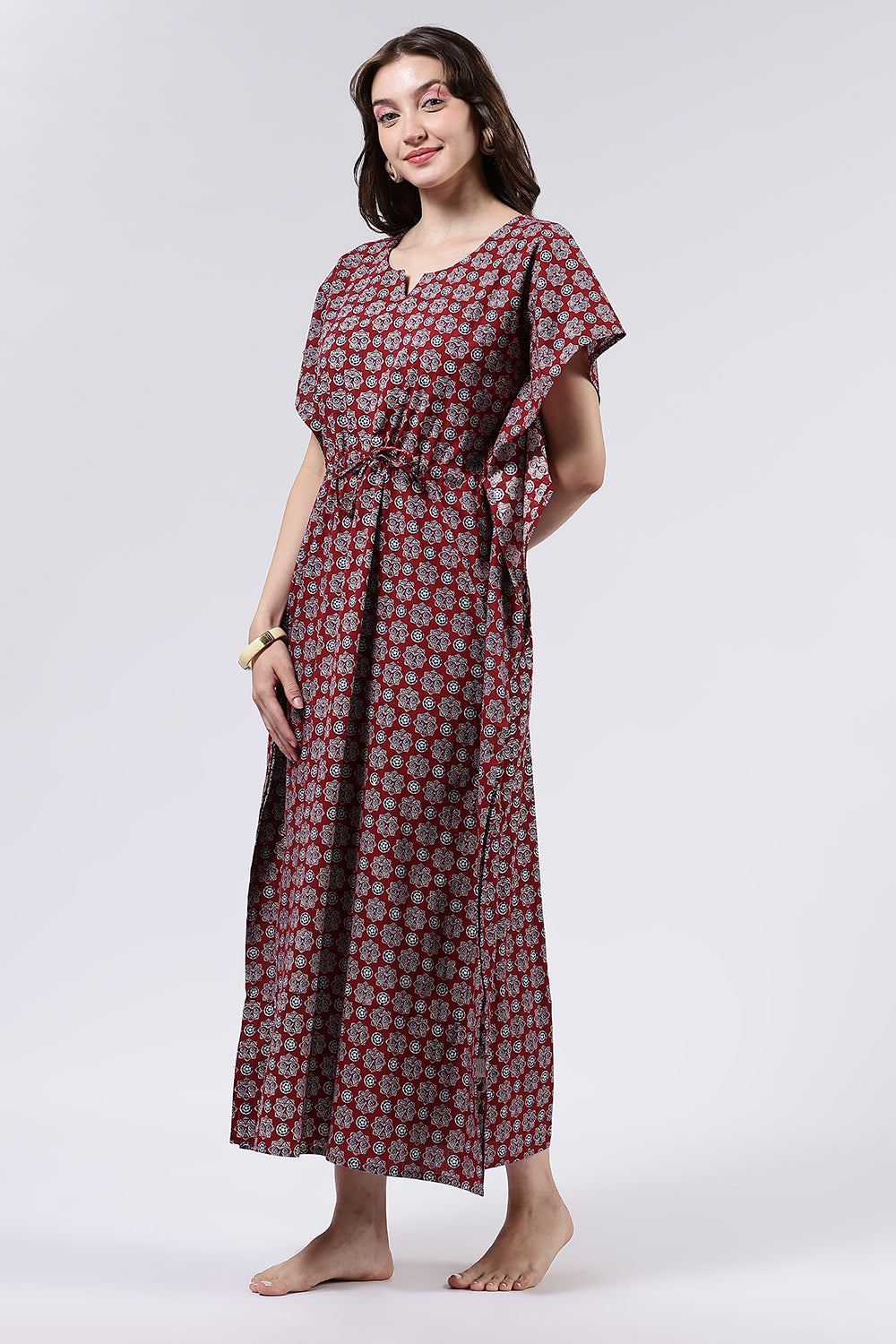 Naidu Hall Women’s Printed Cotton Full Length Nighty with Scoop Neckline and Contrast Piping Detail
- Red - NA56