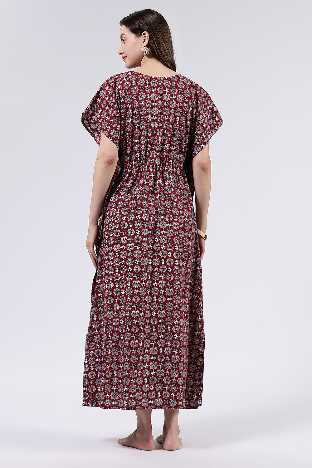 Naidu Hall Women’s Printed Cotton Full Length Nighty with Scoop Neckline and Contrast Piping Detail
- Red - NA56