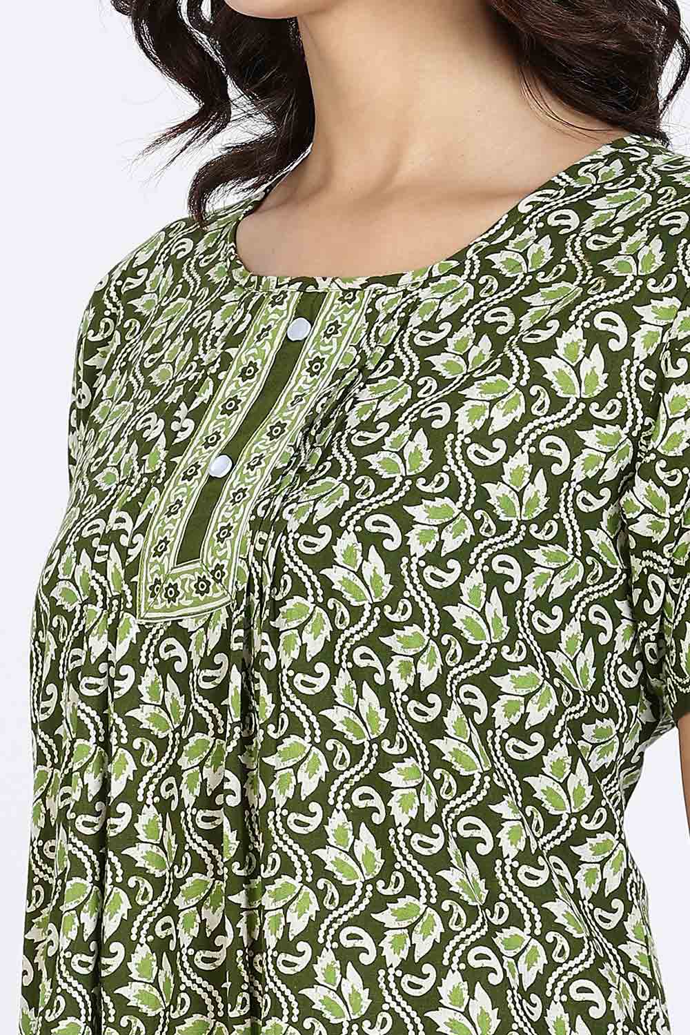 Naidu Hall Women’s Nighty Cotton Printed Full Length Night Dress with Round Neck Button Placket and Pintuck Detailing
- Green - NA66