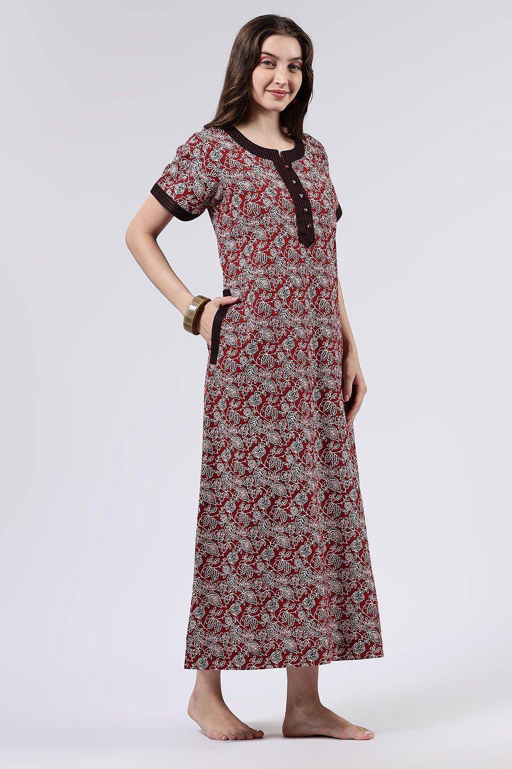 Naidu Hall Women’s Printed Cotton Full Length Nighty with Mandarin Collar and V Neckline
- Maroon - NA66