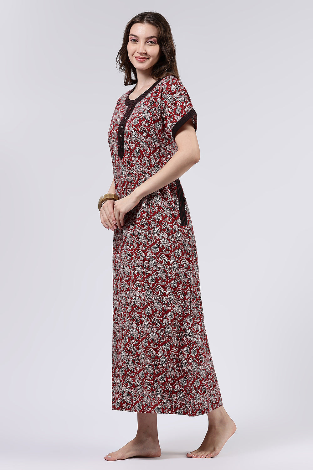 Naidu Hall Women’s Printed Cotton Full Length Nighty with Mandarin Collar and V Neckline
- Maroon - NA66