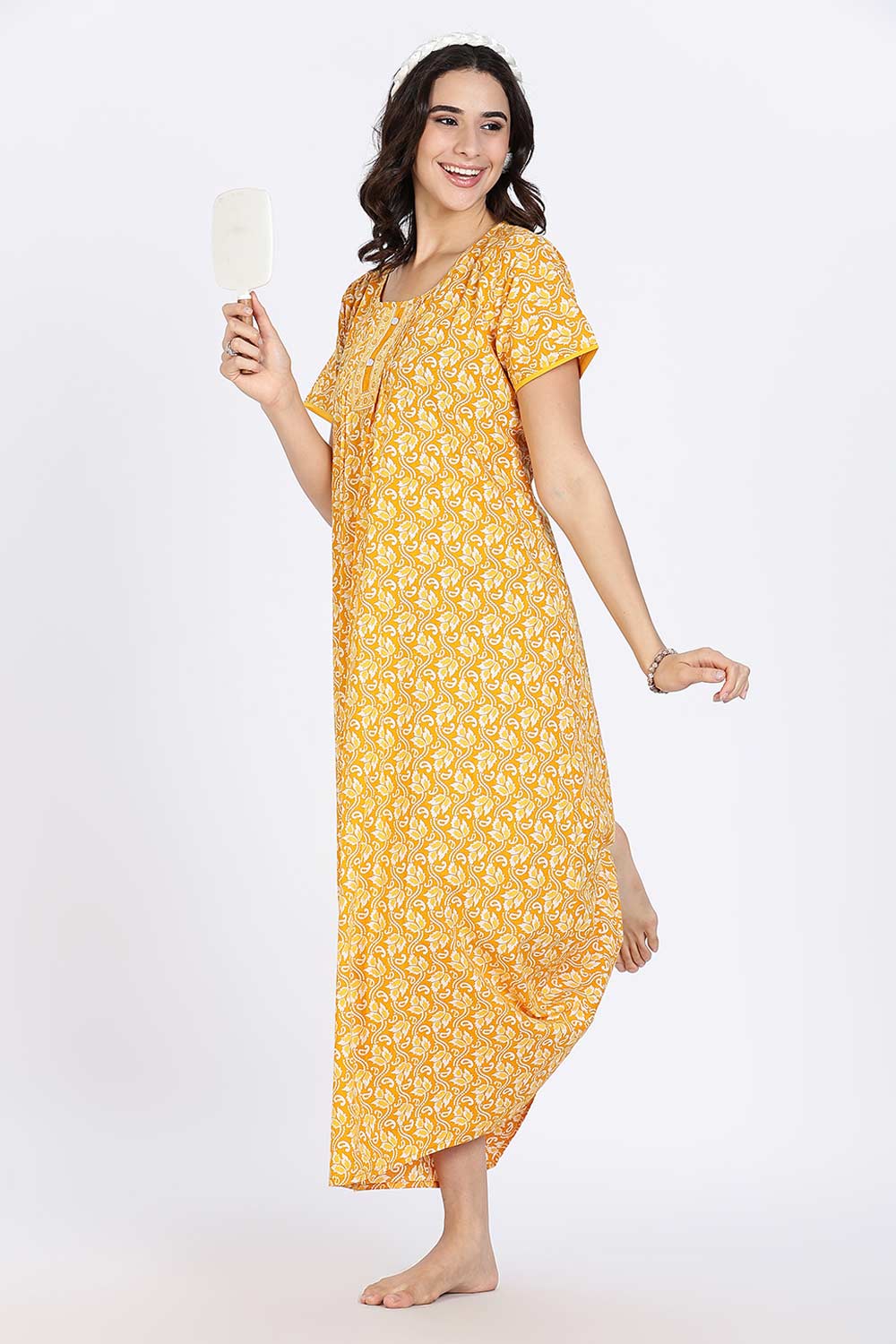 Naidu Hall Women’s Nighty Cotton Printed Full Length Night Dress with Round Neck Button Placket and Pintuck Detailing
- Yellow - NA66