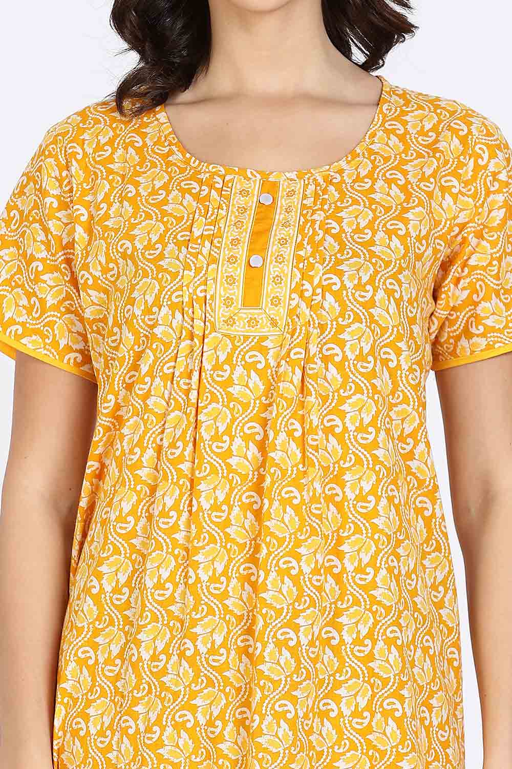 Naidu Hall Women’s Nighty Cotton Printed Full Length Night Dress with Round Neck Button Placket and Pintuck Detailing
- Yellow - NA66