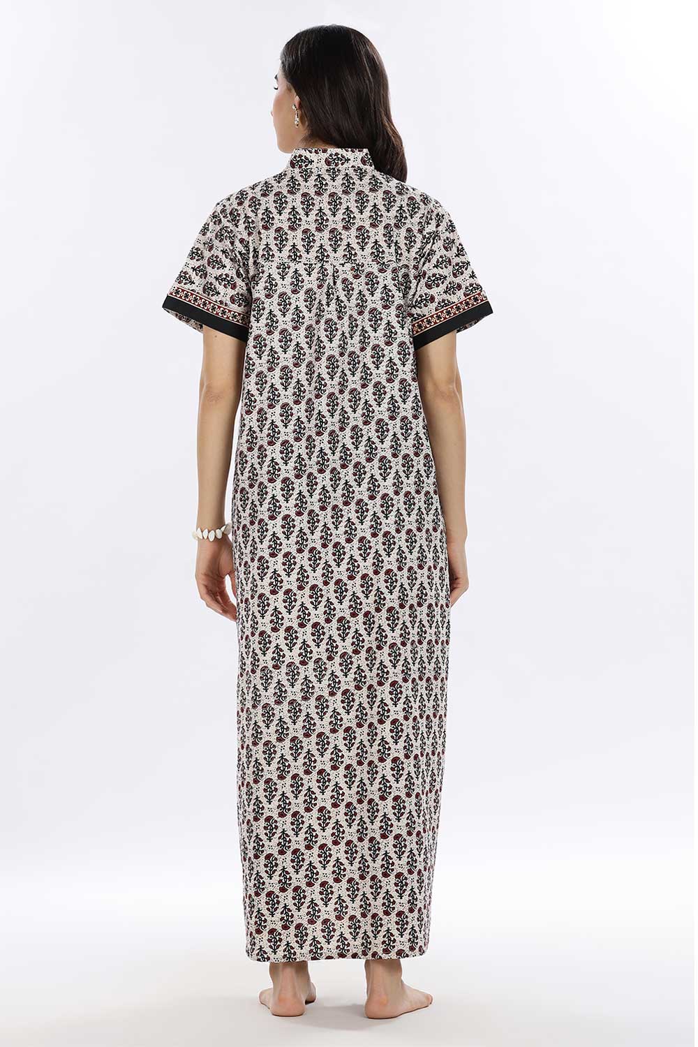 Naidu Hall Women’s Printed Cotton Blend Full Length Nighty with Mandarin Collar and V Slit
- Black - NA67