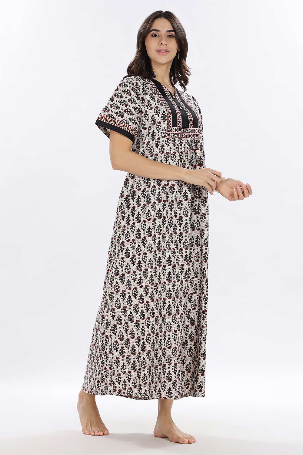 Naidu Hall Women’s Printed Cotton Blend Full Length Nighty with Mandarin Collar and V Slit Neckline
- NA67