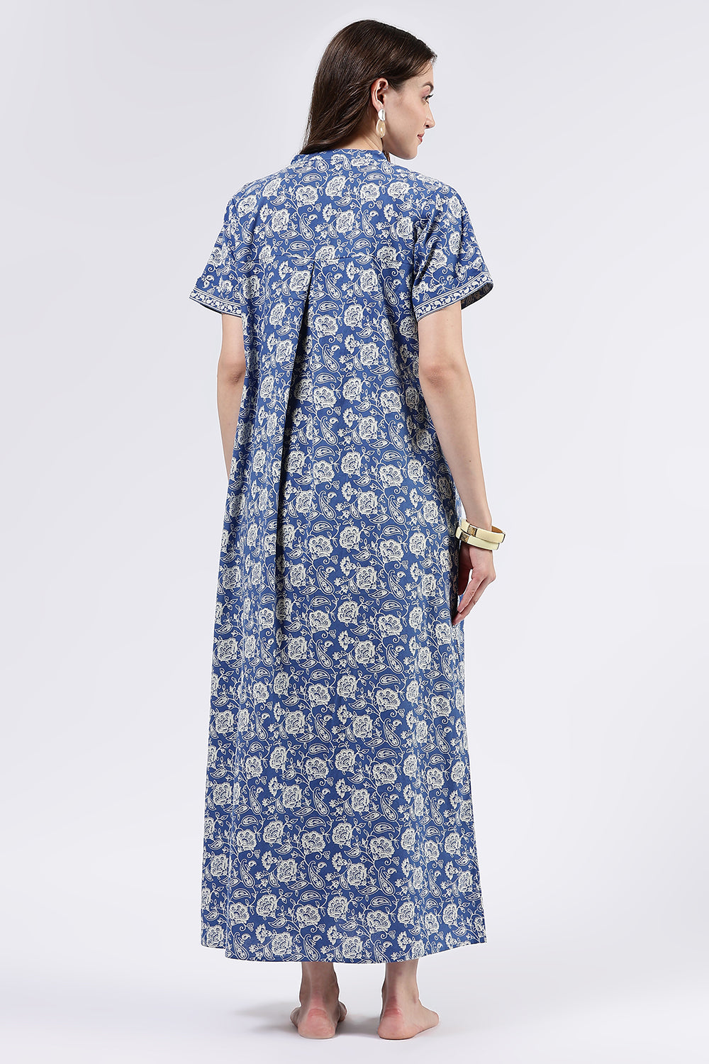 Naidu Hall Women’s Printed Cotton Full Length Nighty with Mandarin Collar and V Slit Neckline
- Blue - NA69