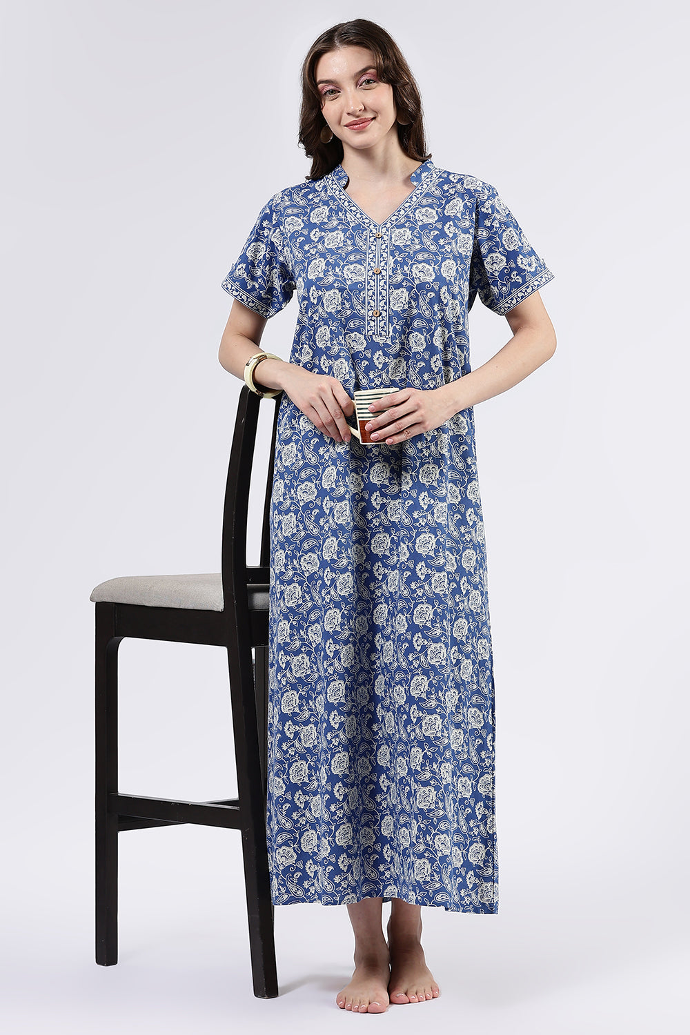 Naidu Hall Women’s Printed Cotton Full Length Nighty with Mandarin Collar and V Slit Neckline
- Blue - NA69