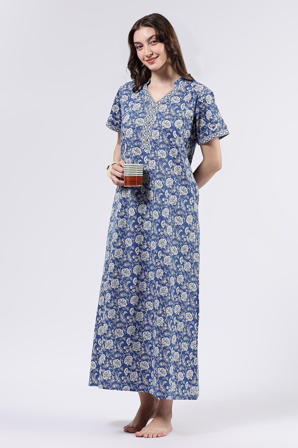 Naidu Hall Women’s Printed Cotton Full Length Nighty with Mandarin Collar and V Slit Neckline
- Blue - NA69
