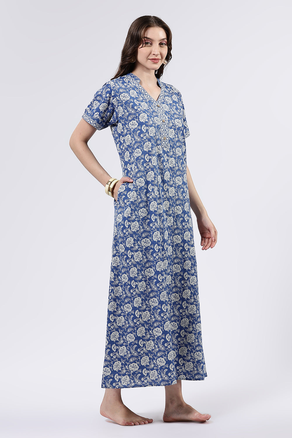 Naidu Hall Women’s Printed Cotton Full Length Nighty with Mandarin Collar and V Slit Neckline
- Blue - NA69