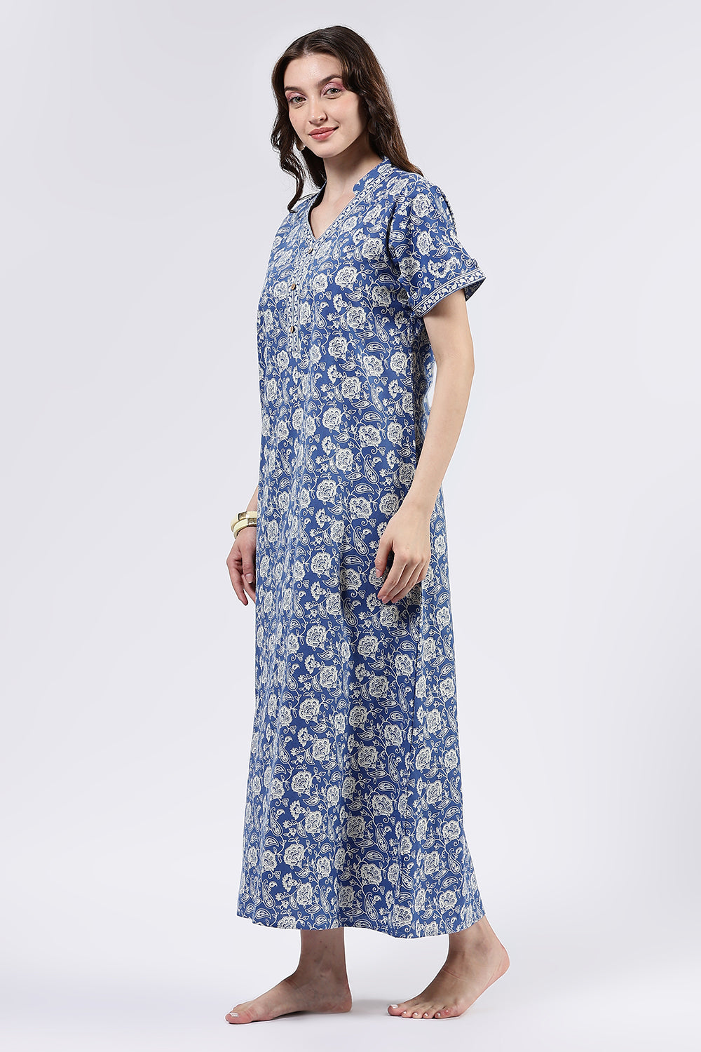 Naidu Hall Women’s Printed Cotton Full Length Nighty with Mandarin Collar and V Slit Neckline
- Blue - NA69