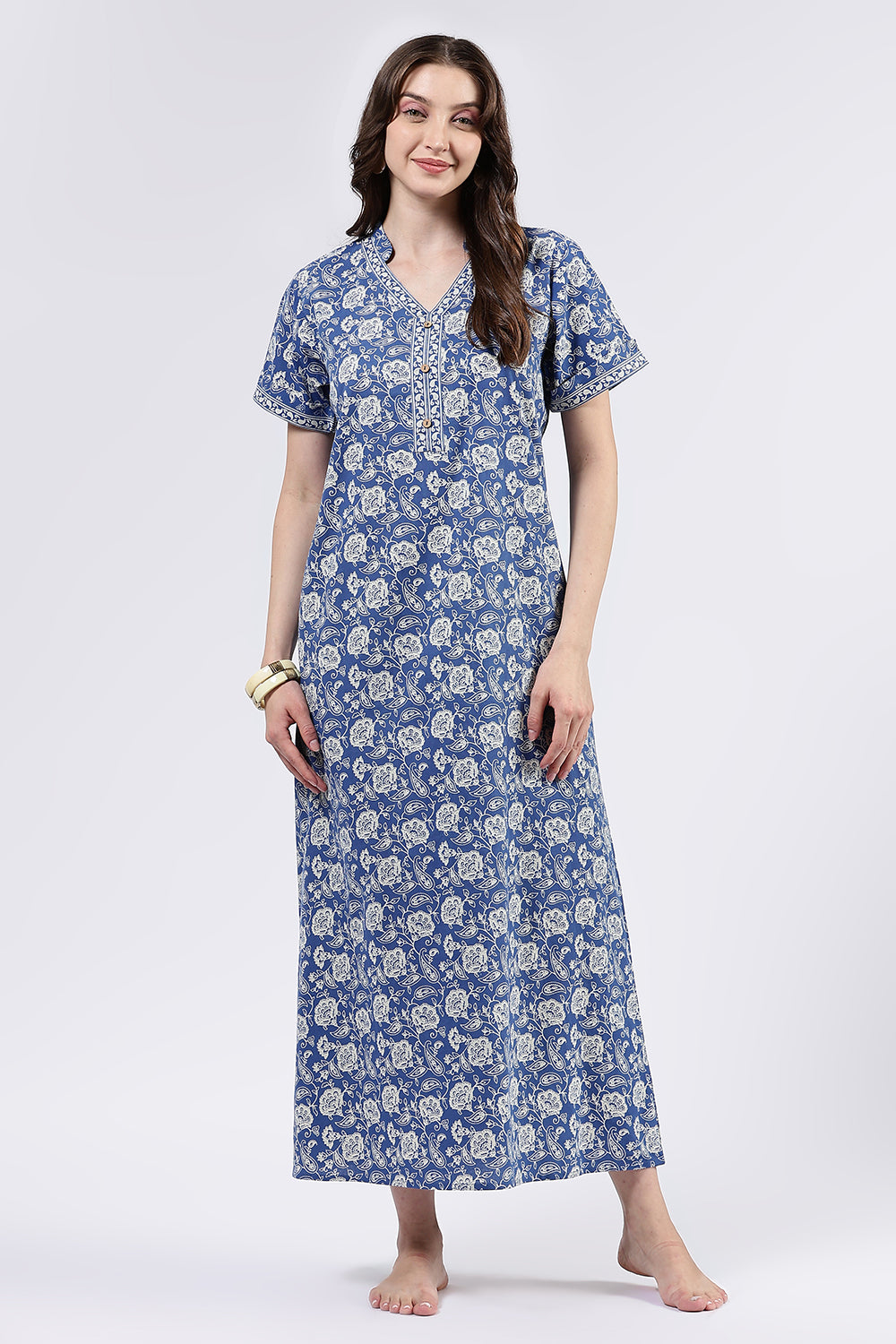 Naidu Hall Women’s Printed Cotton Full Length Nighty with Mandarin Collar and V Slit Neckline
- Blue - NA69