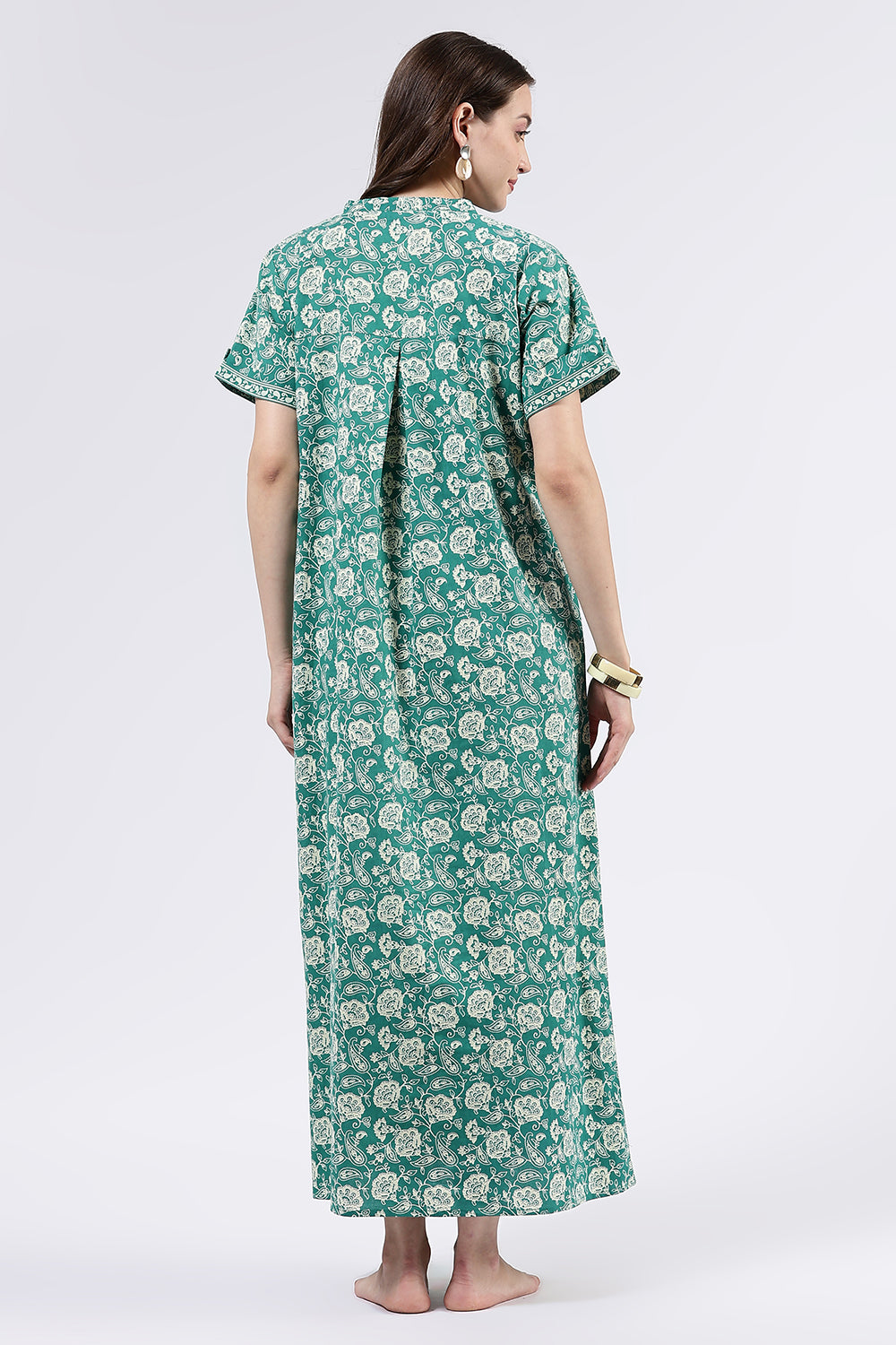 Naidu Hall Women’s Printed Cotton Full Length Nighty with Mandarin Collar and V Slit Neckline
- Green - NA69