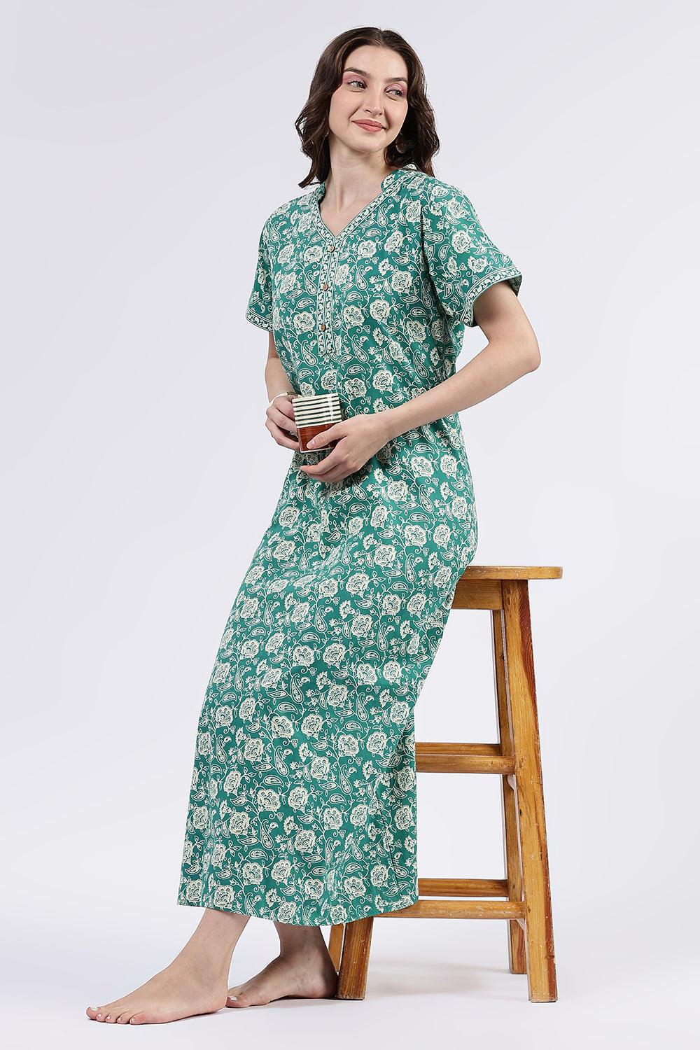 Naidu Hall Women’s Printed Cotton Full Length Nighty with Mandarin Collar and V Slit Neckline
- Green - NA69