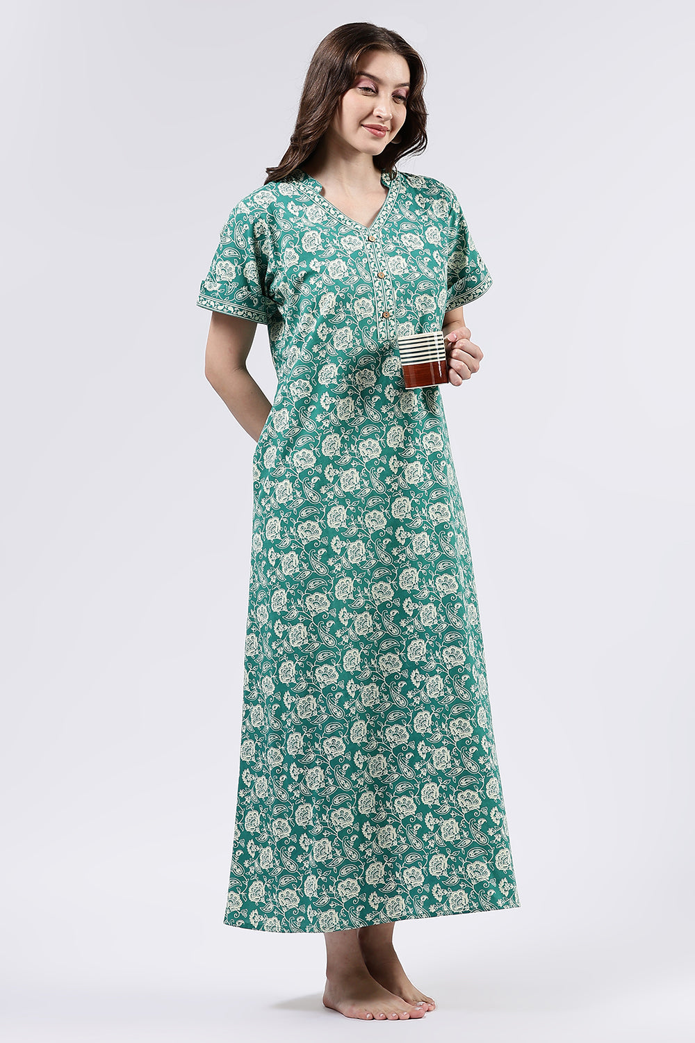 Naidu Hall Women’s Printed Cotton Full Length Nighty with Mandarin Collar and V Slit Neckline
- Green - NA69