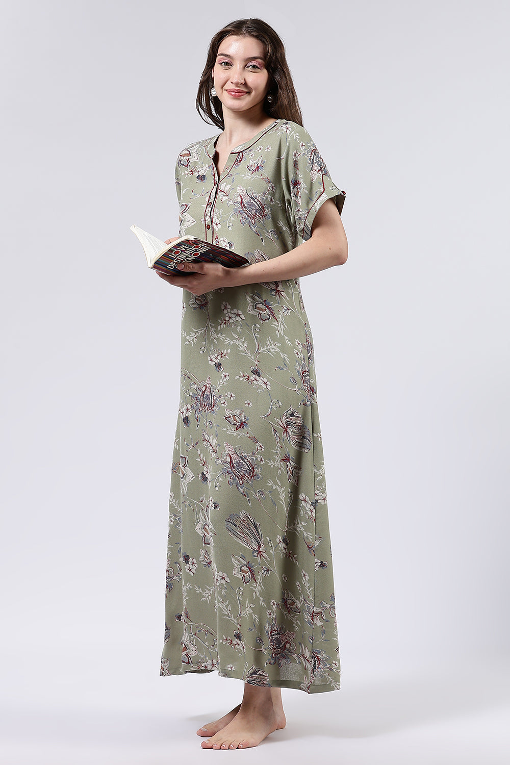 Naidu Hall Women’s Printed Cotton Blend Full Length Nighty with Mandarin Collar and V Slit Placket
- NA69