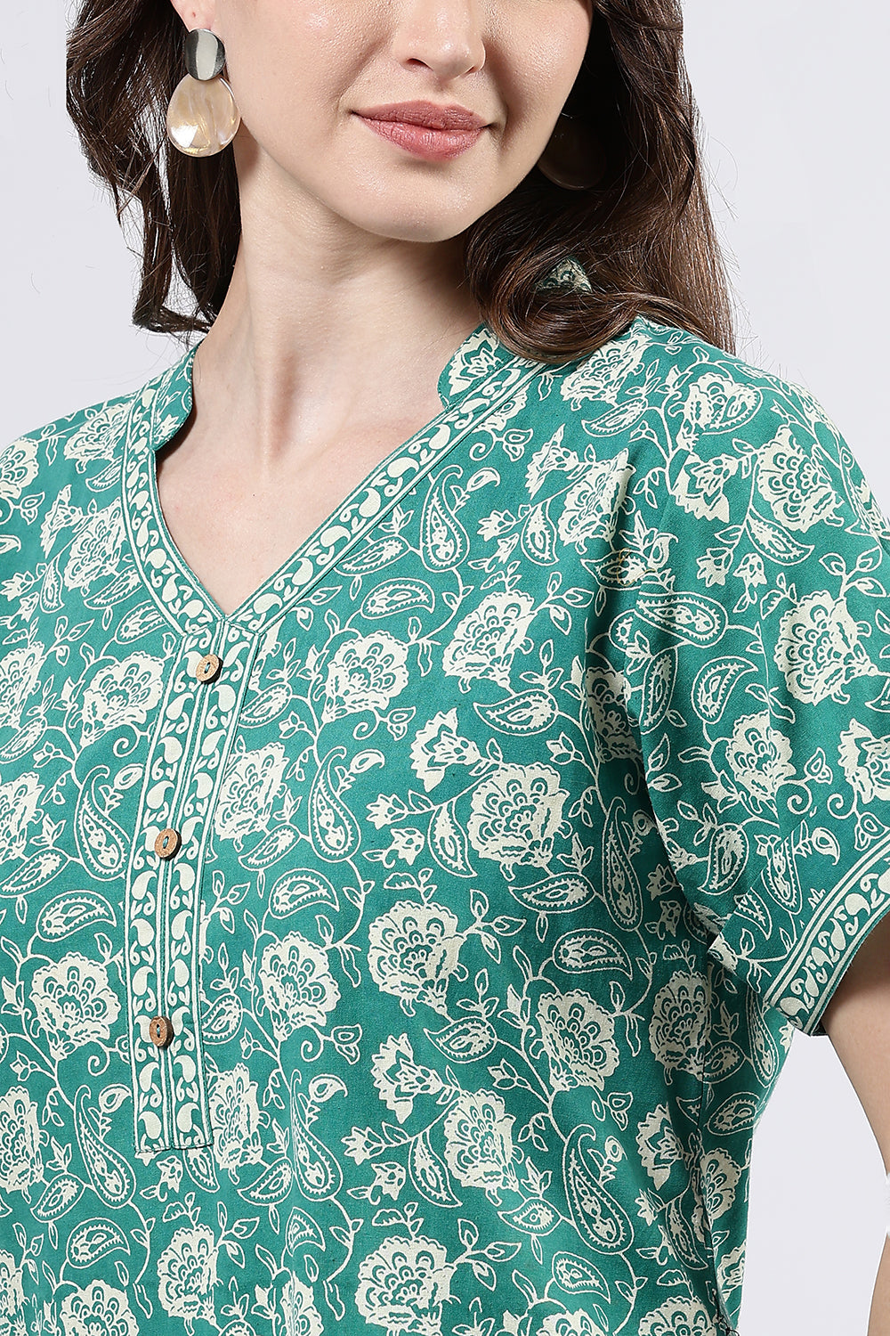 Naidu Hall Women’s Printed Cotton Full Length Nighty with Mandarin Collar and V Slit Neckline
- Green - NA69